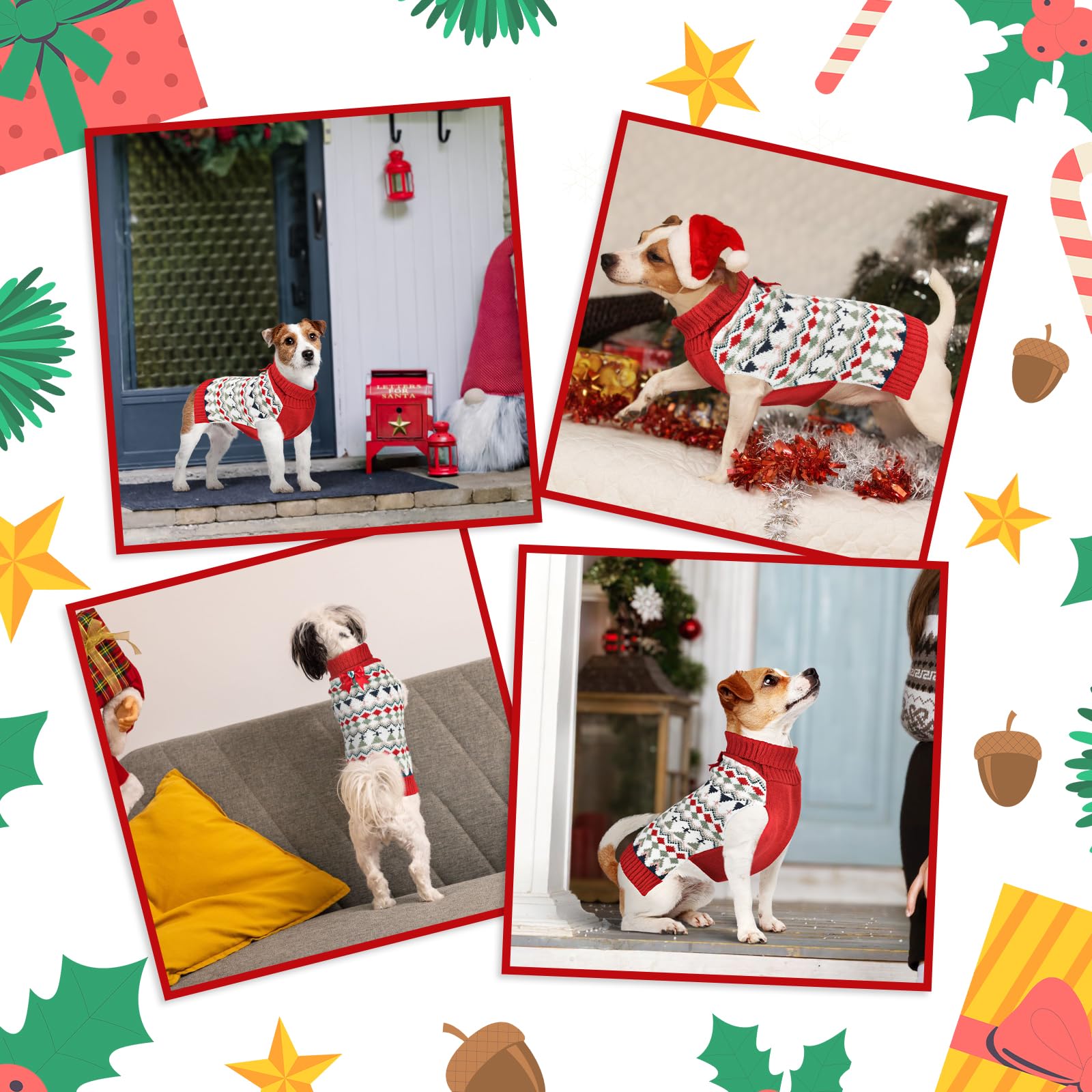 LyssKMK Dog Argyle Christmas Sweater Puppy Turtleneck Knitwear with Red Bow Outfits Cold Weather Warm Clothes Sweater for Small Dog S