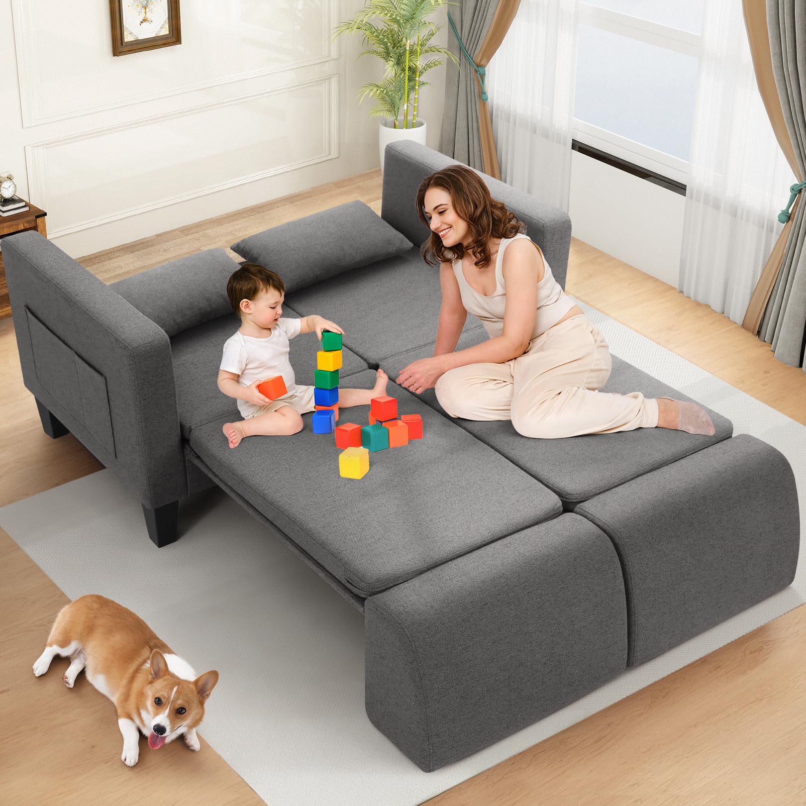 6-in-1 Convertible Sofa Bed, 58" Loveseat Sleeper Sofas, Gray | Pull Out Couch Bed with Removable Backrest, Storage Pockets and 2 Pillows, Modern Folding Linen Futon Couch for Small Spaces