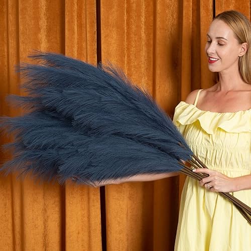 Miniatura 6 de Faux Pampas Grass 6 Stems, Artificial Pampas Grass - 43 inch Total Extra Large Pompass Grass Tall Pompous Boho Flower Arrangement and Floor Vase Azul