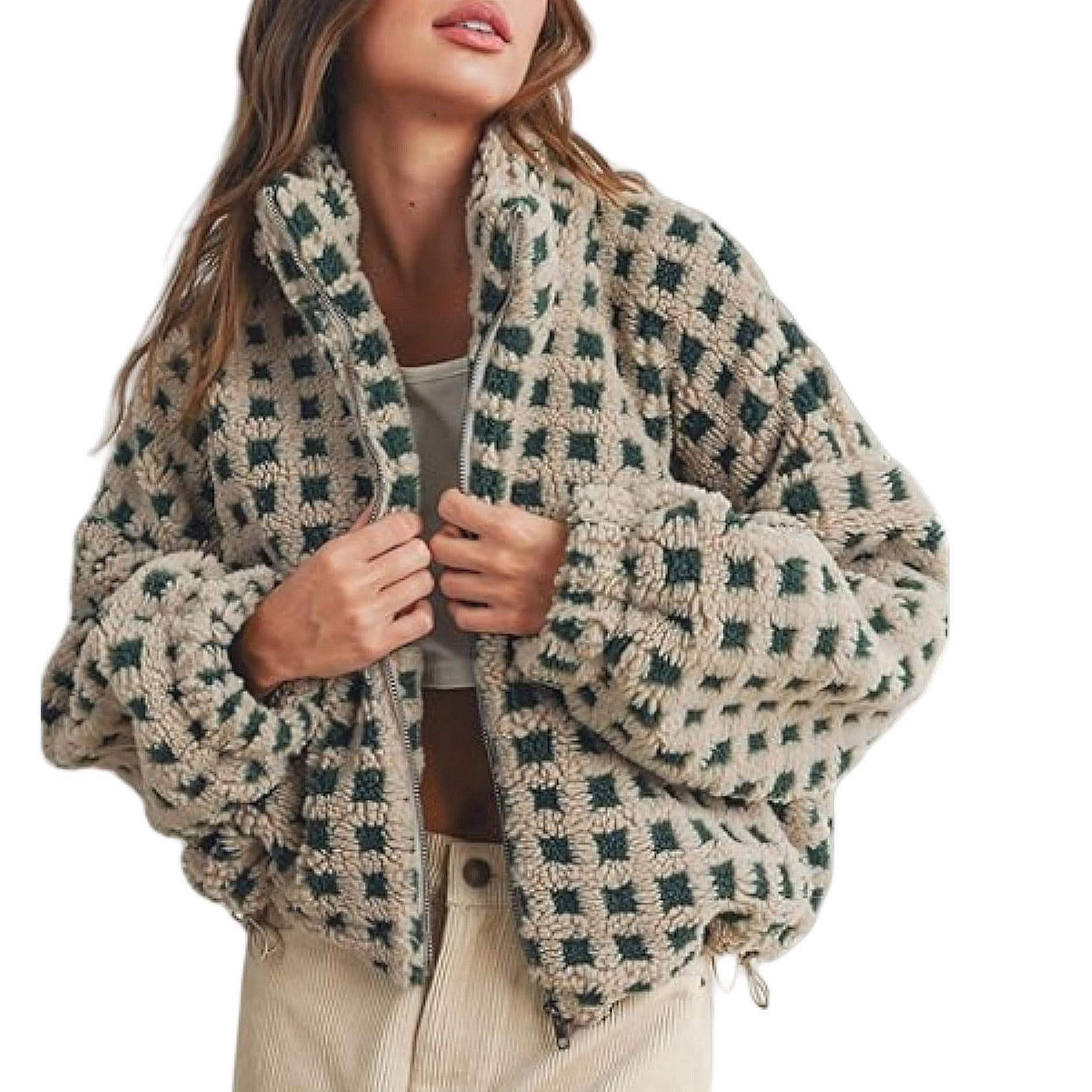 utcoco Women's Casual Cropped Sherpa Fleece Plaid Jacket Zip Up Chunky Teddy Checkered Coat Outerwear Small Apricot Green