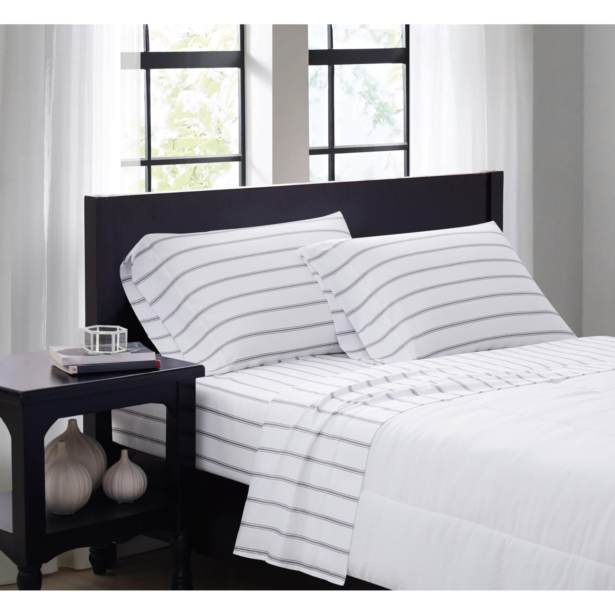 Truly Soft Everyday King Microfiber Sheet + Pillowcase Set - Ticking Stripe Collection - White/Grey,SS3864WGKG-4700