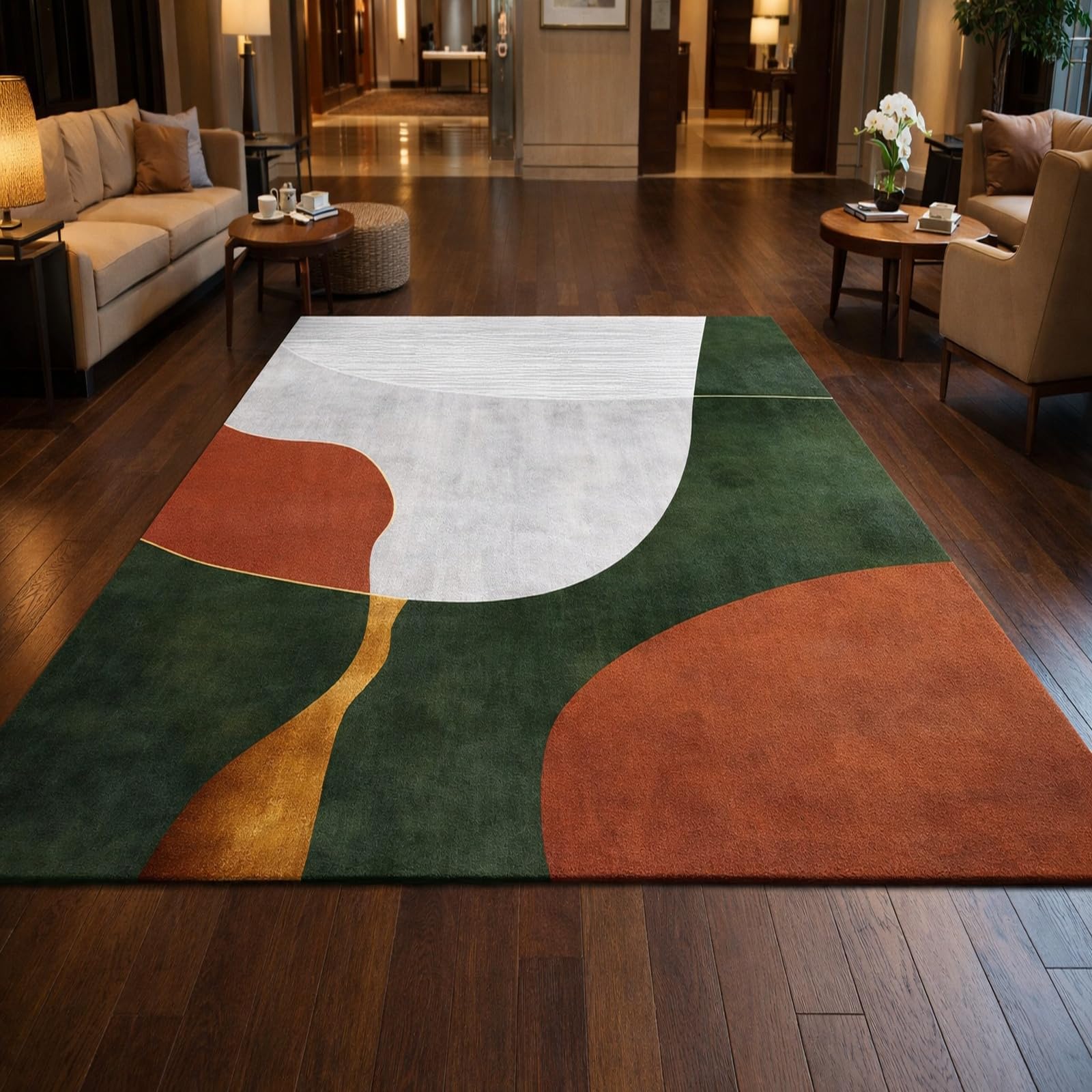 Tappeto Moderno Salotto Lavabile in Lavatrice, Pelo Corto, Antiscivolo,Verde moderno, rosso terracotta, giallo, grigio, 120 x 180 cm