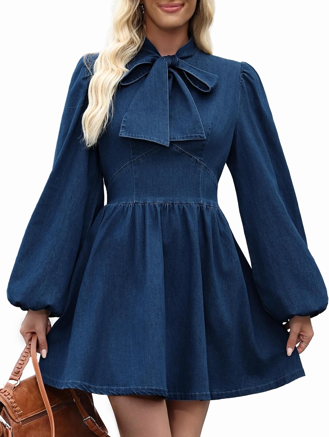 Denim Dress for Women, Puff Long Sleeve Jean Dresses Bow Tie Babydoll Denim Mini Dress