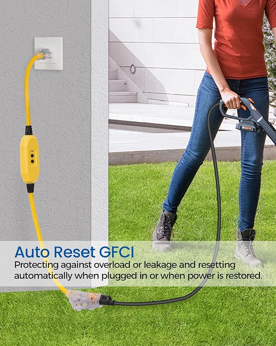 3FT Extension Cord, GFCI Outdoor Extension Cord, Heavy Duty Cable with LED Lighted 3-Prong Outlet, Automatic Reset, 12/3 AWG SJTW, for Multiple Scenes, UL Listed, Yellow Y05EC06