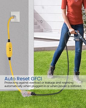 3FT Extension Cord, GFCI Outdoor Extension Cord, Heavy Duty Cable with LED Lighted 3-Prong Outlet, Automatic Reset, 12/3 AWG SJTW, for Multiple Scenes, UL Listed, Yellow Y05EC06