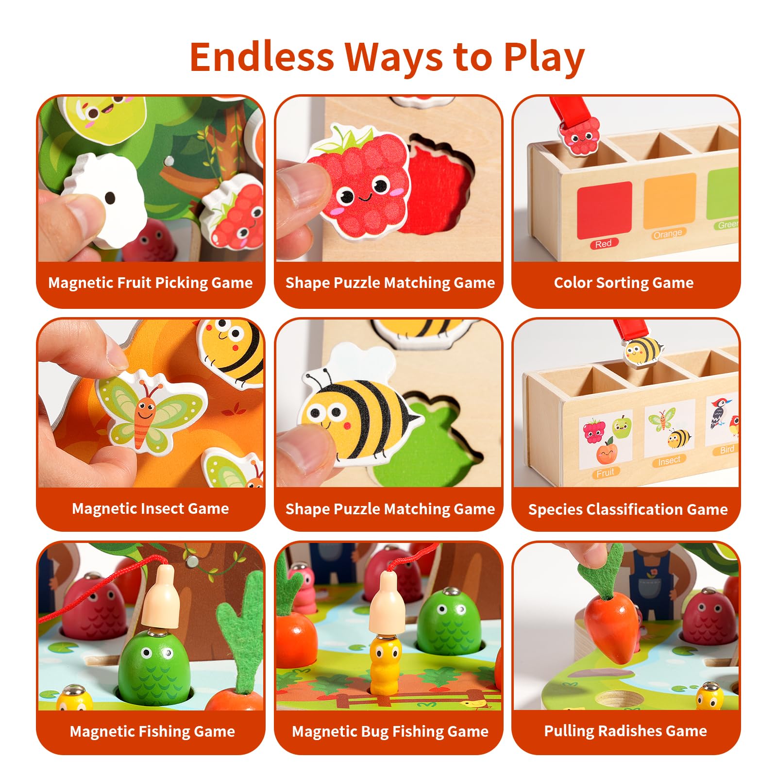 INIFEIDALA - Jouet sensoriel Montessori en bois pour enfants de 3 à 4 à 5 ans, trieur de couleurs, kit de récolte de carottes, pêche magnétique, jouet de motricité fine