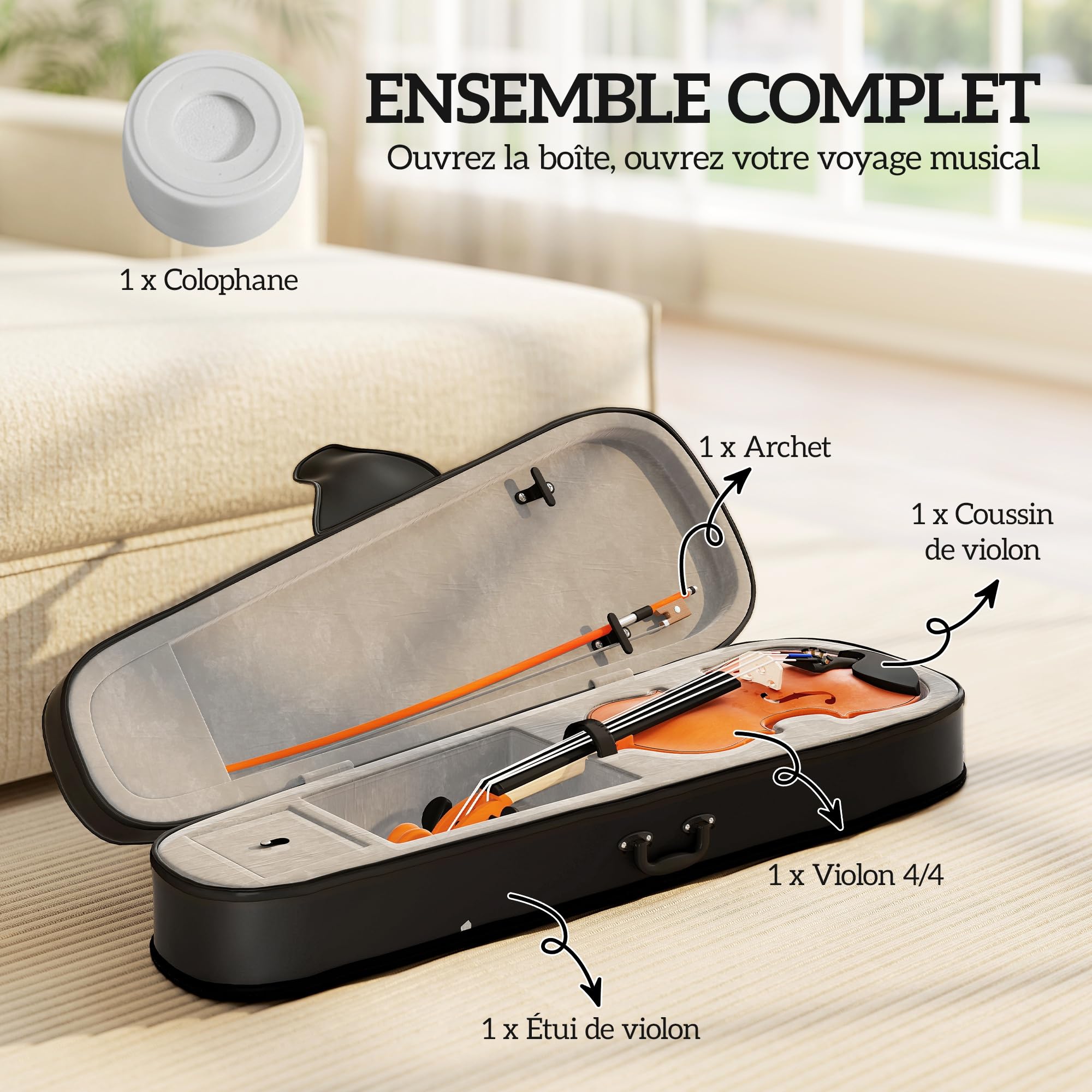 HOMCOM Violon 4/4 en Bois Massif pour Adultes Débutants avec Étui, Archet, Colophane, Chevalet, Épaulière, Marron