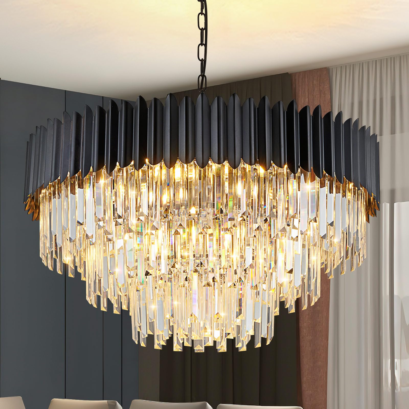 Moderna luce a sospensione di cristallo di lusso, lampadario di cristallo nero, 15xE14 Luce del lampadario a goccia Luce a soffitto a incasso per la sala da pranzo, Φ80cm
