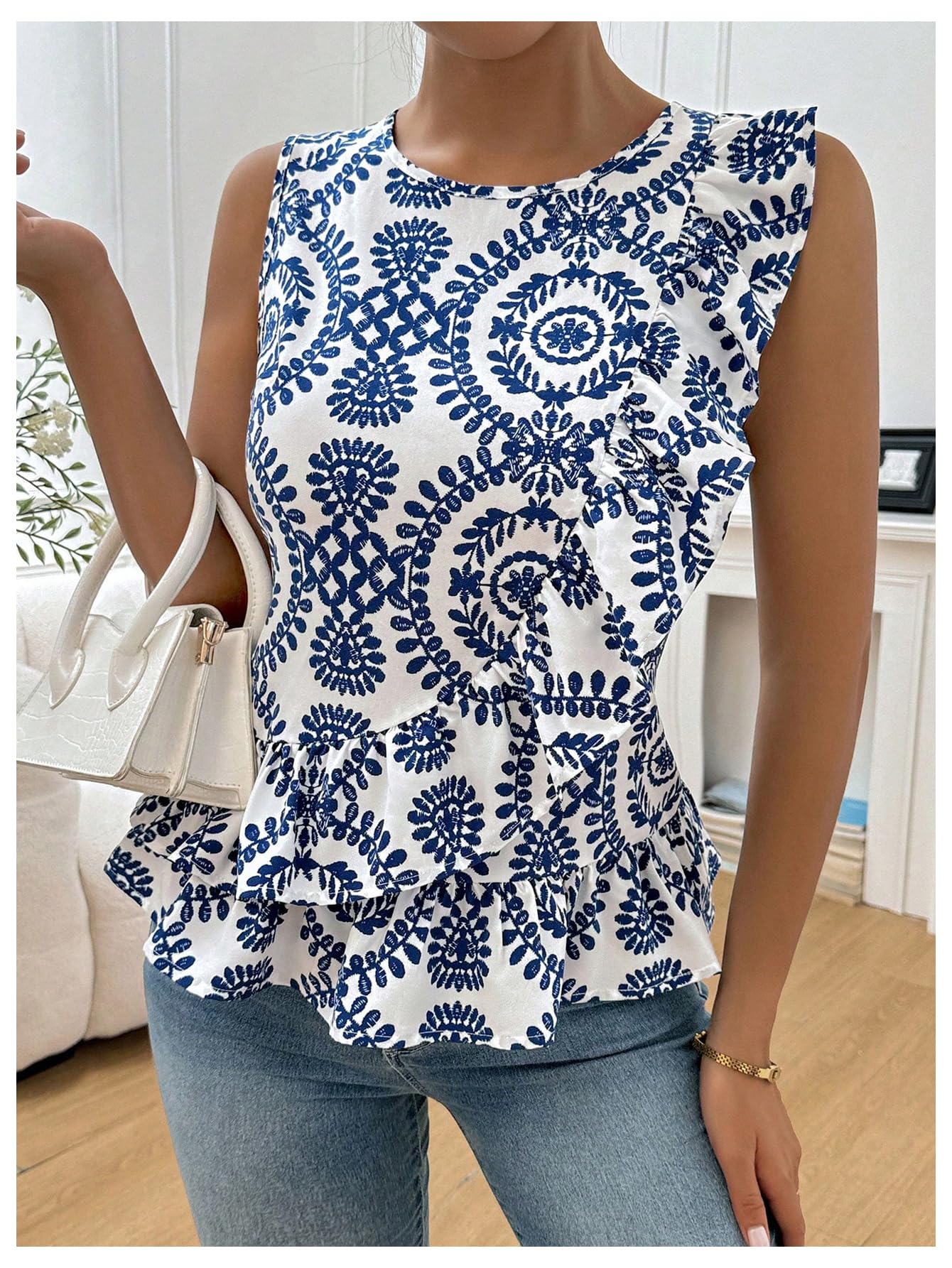 Floerns Camicetta da donna con scollo rotondo floreale e orlo a volant, senza maniche, stile boho