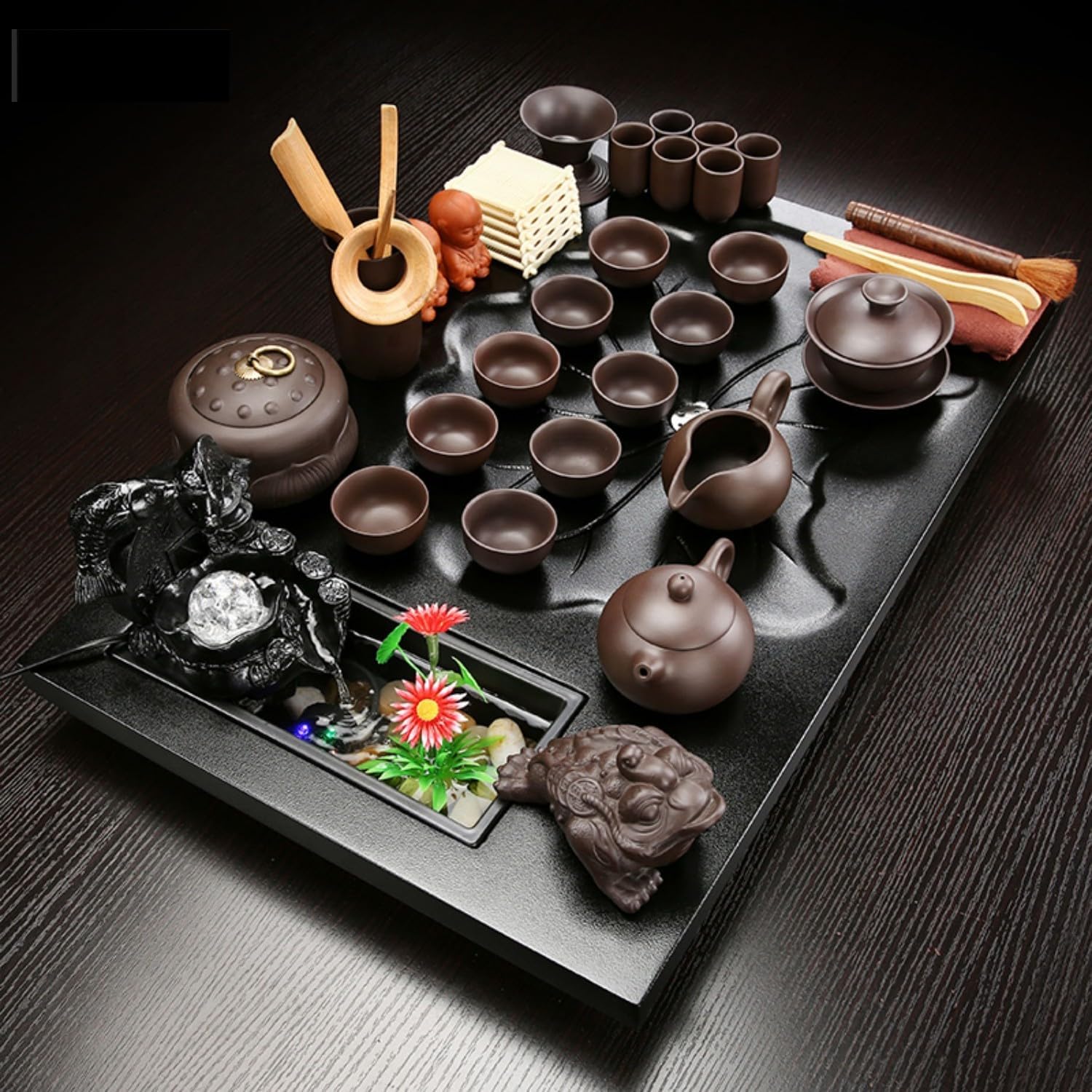 MOYEE 茶具套装小套 Purple Sands Ceramic TeaSet,紫砂玻璃家用茶盘 Chinese Gongfu Tea Tray 简约喝茶托盘功夫茶台茶海办公泡茶 A973