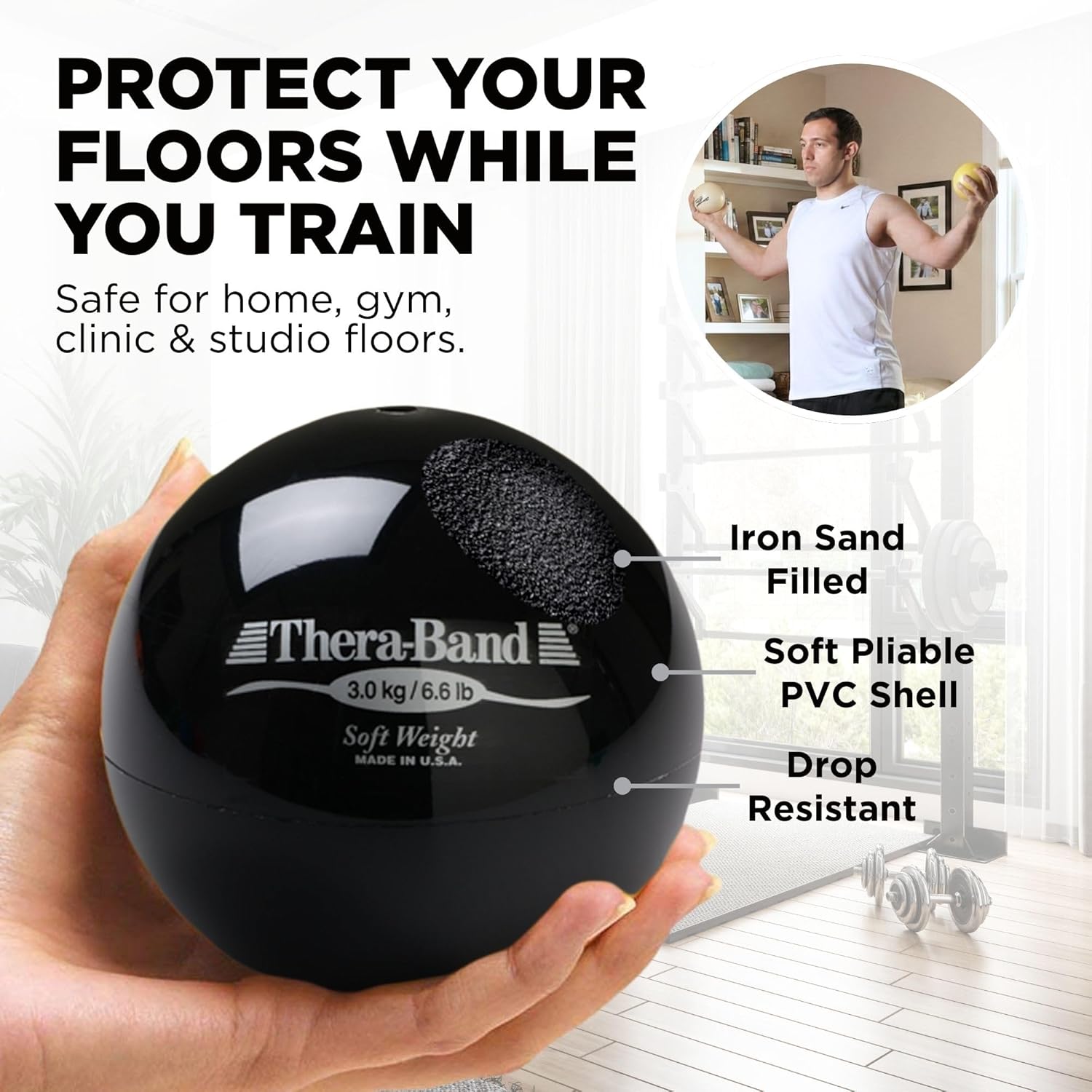THERABAND Soft Weight, 4.5" Diameter, Weighted Balls for Baseball, Weighted Balls for Softball, Hand Held Ball Shaped Isotonic, Shoulder Strength, Rotator Cuff & Throwing Trainer, Black, 6.6LB