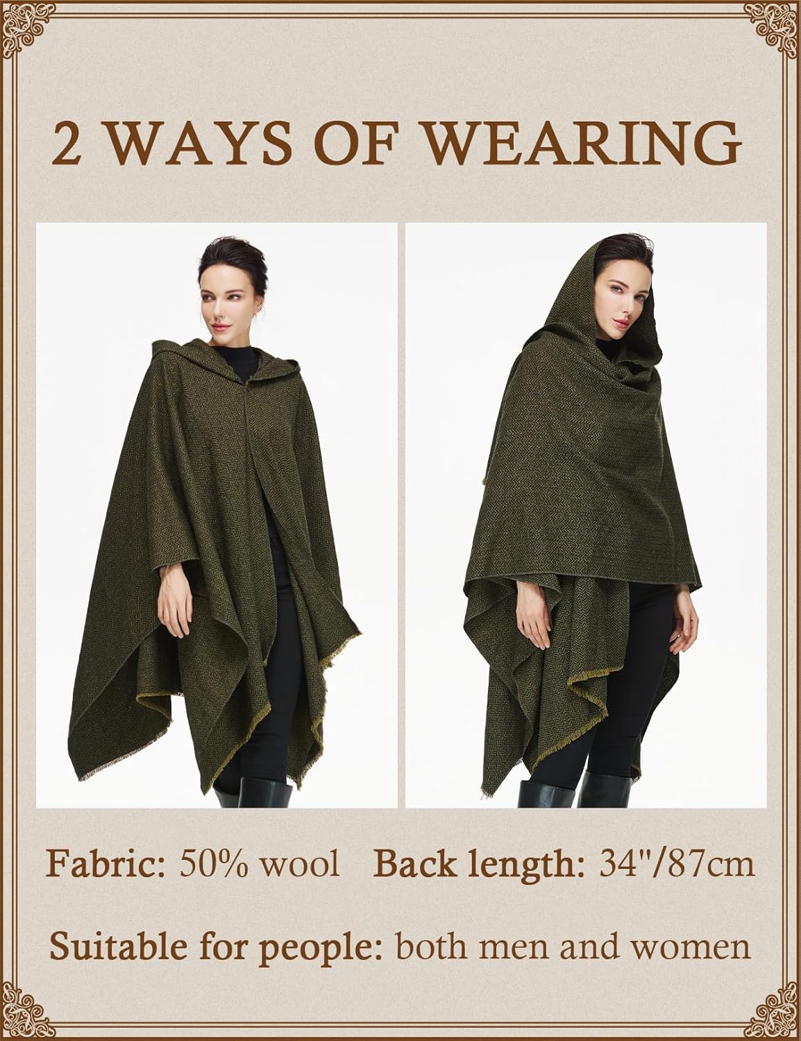 Medieval Hooded Wool Cloak Unisex Vintage Viking Cape Coat with Hood for Renaissance LARP & Cosplay