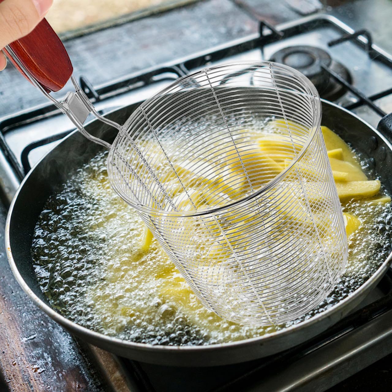 Luxshiny Scolapasta in Acciaio Inox 13.58 Pollici Con Manico Ergonomico in Legno Utensile Da Cucina Per Scolare Pasta Fori Ampi Per Scolaggio Rapido Casa E Cucina