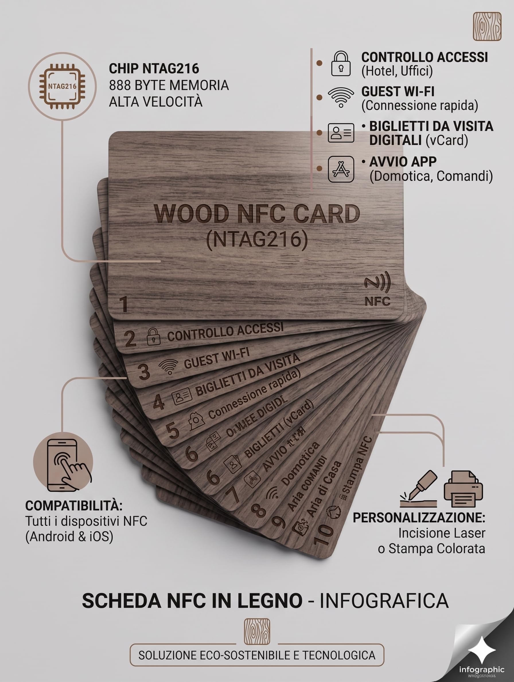 10 Stück NTAG216 NFC-Karten Holz Nussbaum ISO projizierbar Hotel