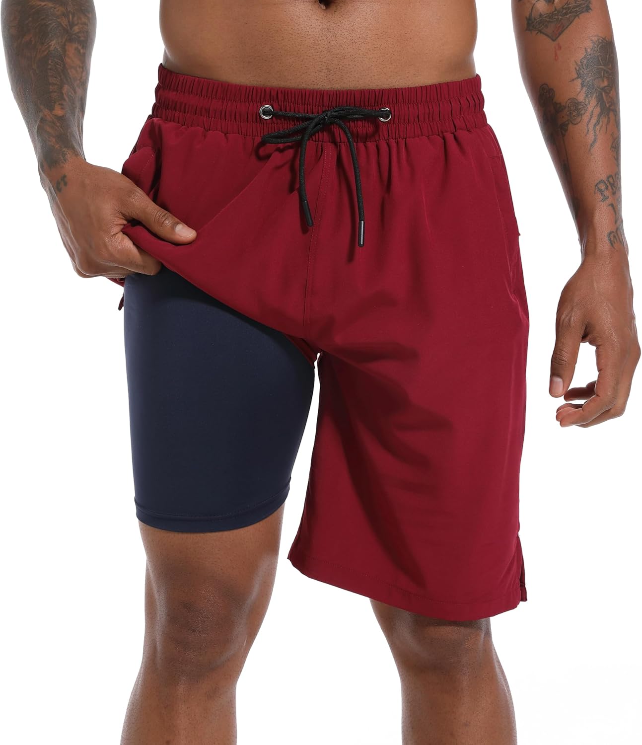 Mens Swim Trunks with Compression Liner 9″ Board Shorts 2 in 1 Quick Dry Bathing Suits with Zipper Pockets