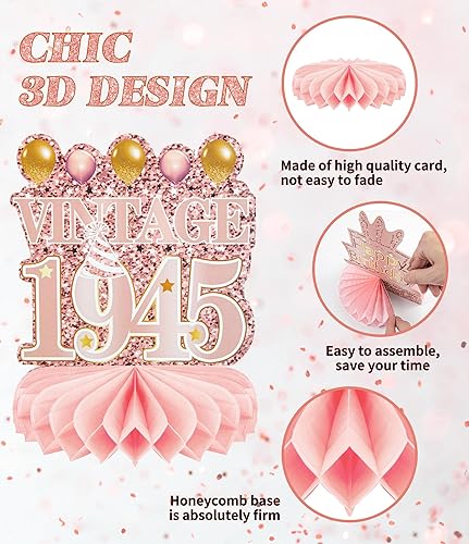Miniatura 5 de 9 piezas de decoración de cumpleaños número 80 para mujeres, decoraciones de mesa de panal feliz cumpleaños 80, centros de mesa de oro rosa y rosa,