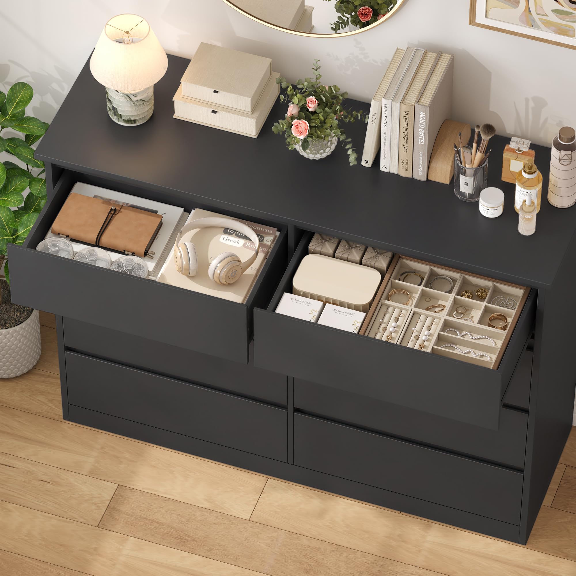 FOREHILL 120 cm Cassettiera con 8 Cassetti, Cassettiera Camera da Letto, Comò Camera da Letto, Mobile con Cassetti Moderna, per Corridoio, Soggiorno, 120x39,5x96cm (Nero)