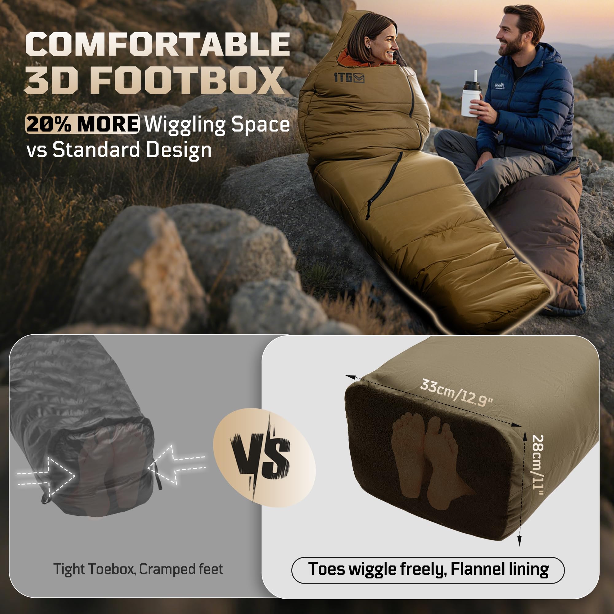Mummy Sleeping Bag, Ultralight 4‑Season Sleeping Bag for for Adults, Military, Lightweight & Windproof, Cold Weather with Adjustable Hood, Phone Pocket for Camping, Hiking, Traveling