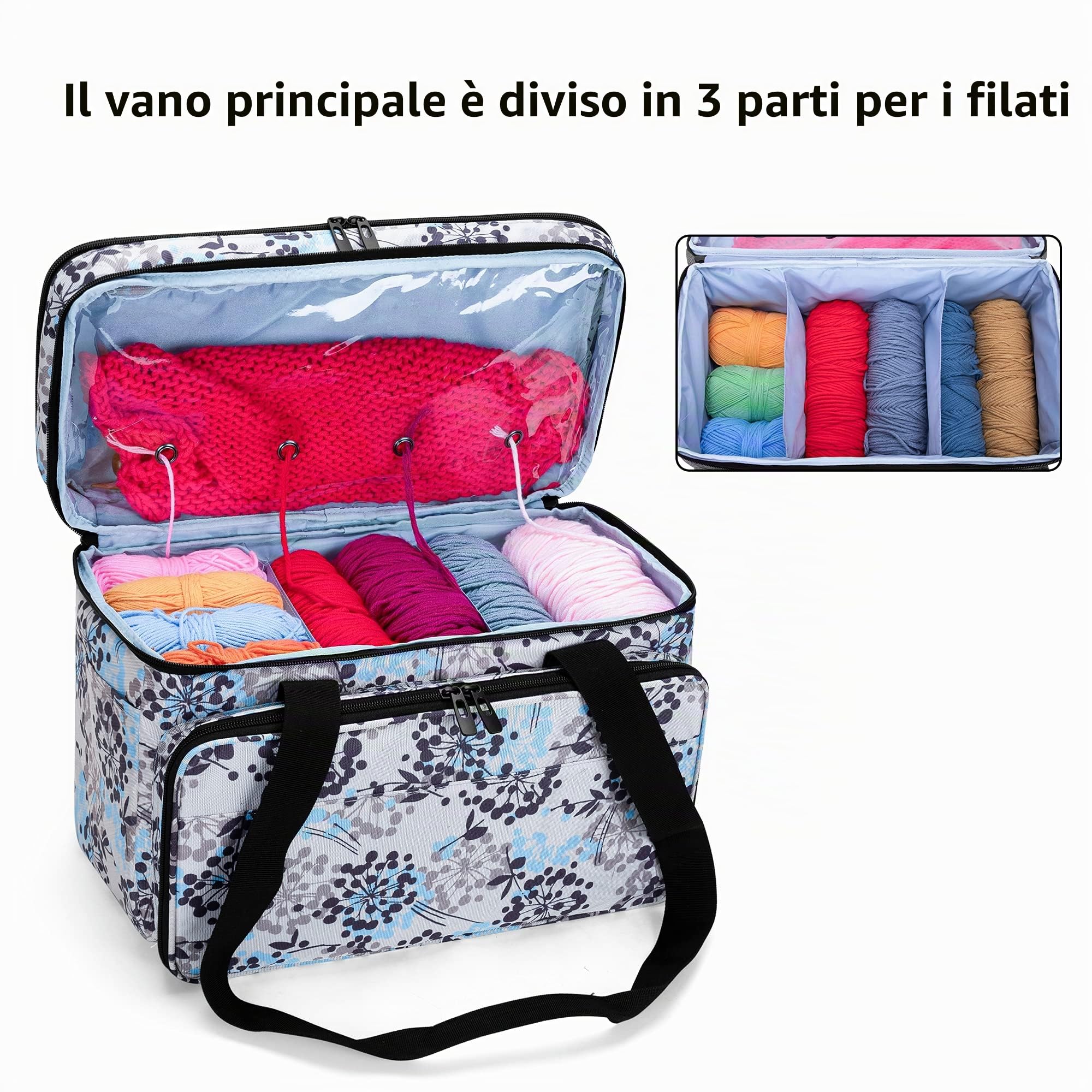CURMIO Borsa per Lavori a Maglia Doppio Strato, Dente di Leone | Organiser per Filati/ Uncinetto/ Ferri Maglia (Fino a 14 Pollici), Elastici Multipli & Scomparti, 4 Occhielli, Solo Borsa