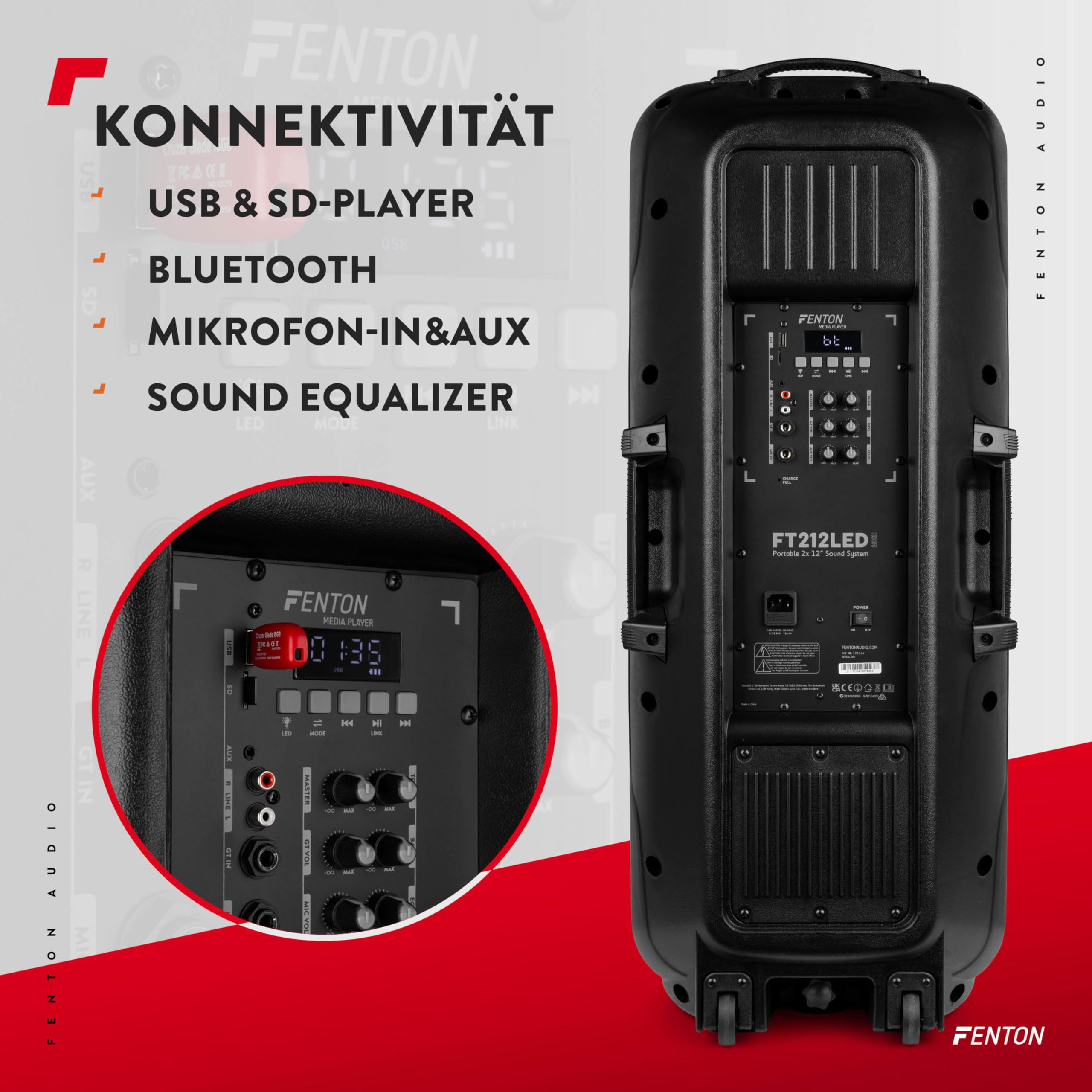 Fenton FT212LED MK2, Partybox Bluetooth Lautsprecher Groß 1400W, Musikbox Bluetooth Groß, 15" LED Subwoofer, Mikrofon, Akku- Netzbetrieb, AUX Eingang, USB Media-Player, Stereo-Pairing, Party Box