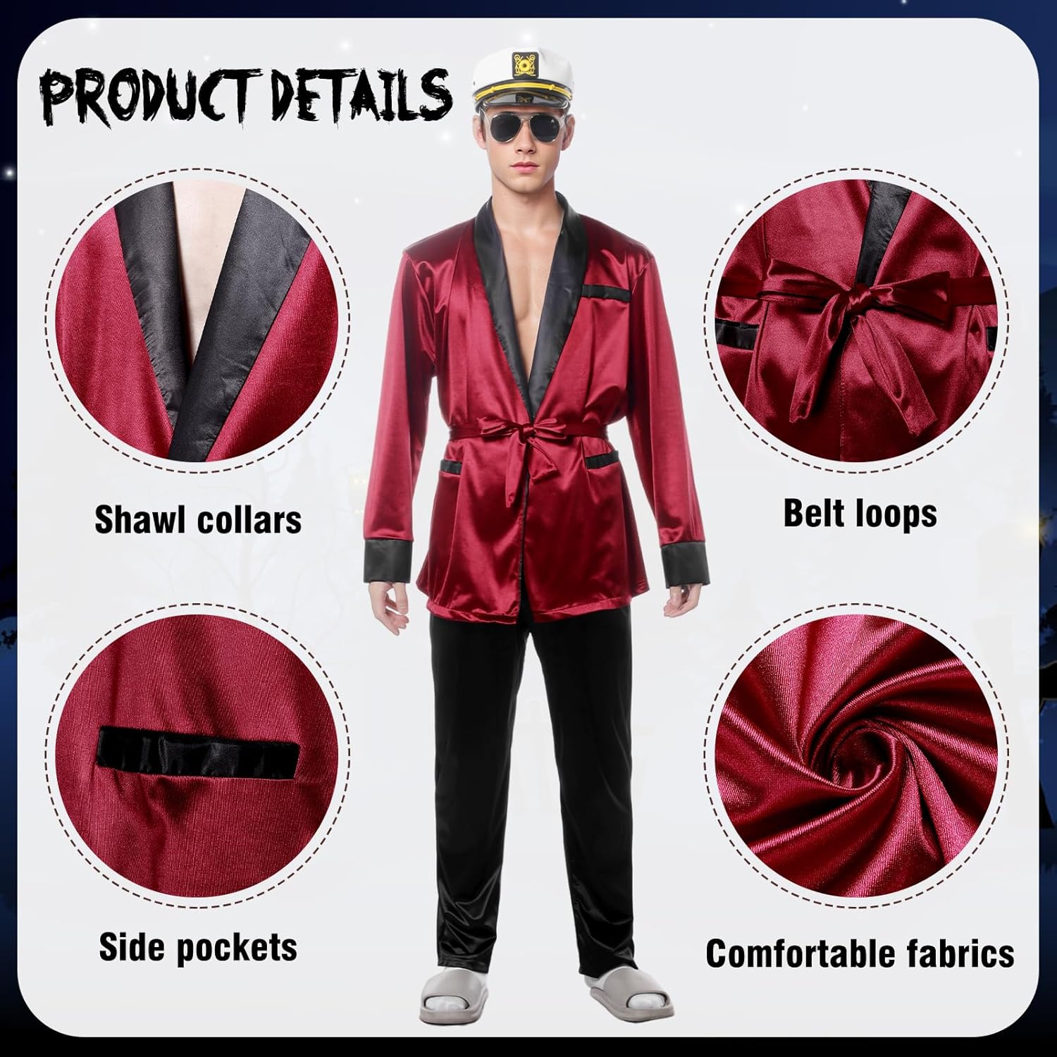 Red Silk Robe Jacket Halloween Couples Costumes With Black Pants Sunglasses Captain Hat Necklace for Men - Image 4