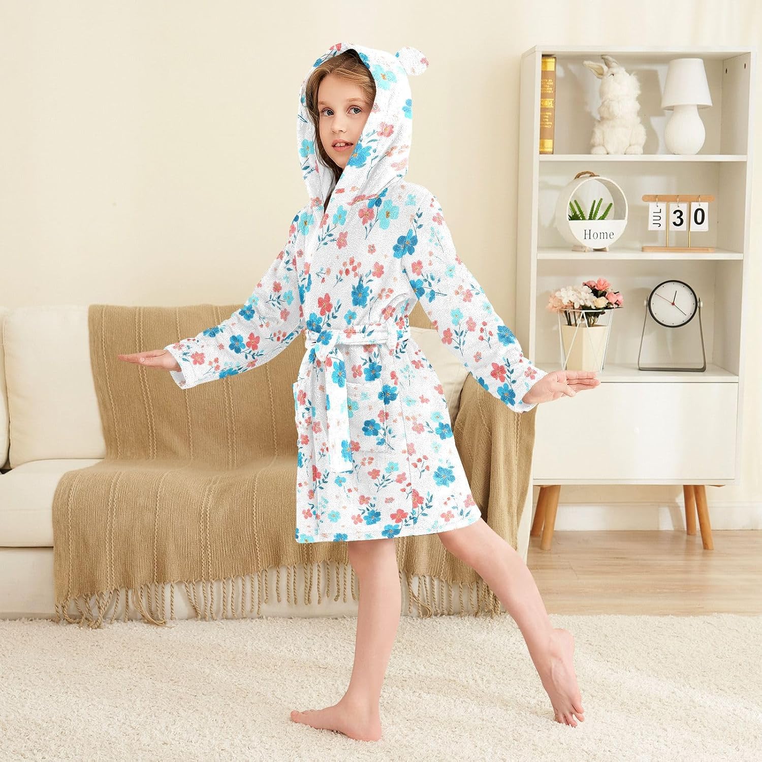 Flowers Blue Red Pattern Toddler Hooded Bathrobe for Boys Girls Soft Plush Bath Towel Robe 2-12 Years