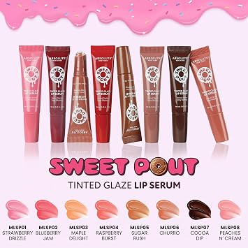 Absolute New York Sweet Pout Tinted Glaze Lip Serum, Donut Tip Applicator, Hydrating Formula with Peptides, Vitamin E and Jojoba Seed Oil (Strawberry Drizzle)