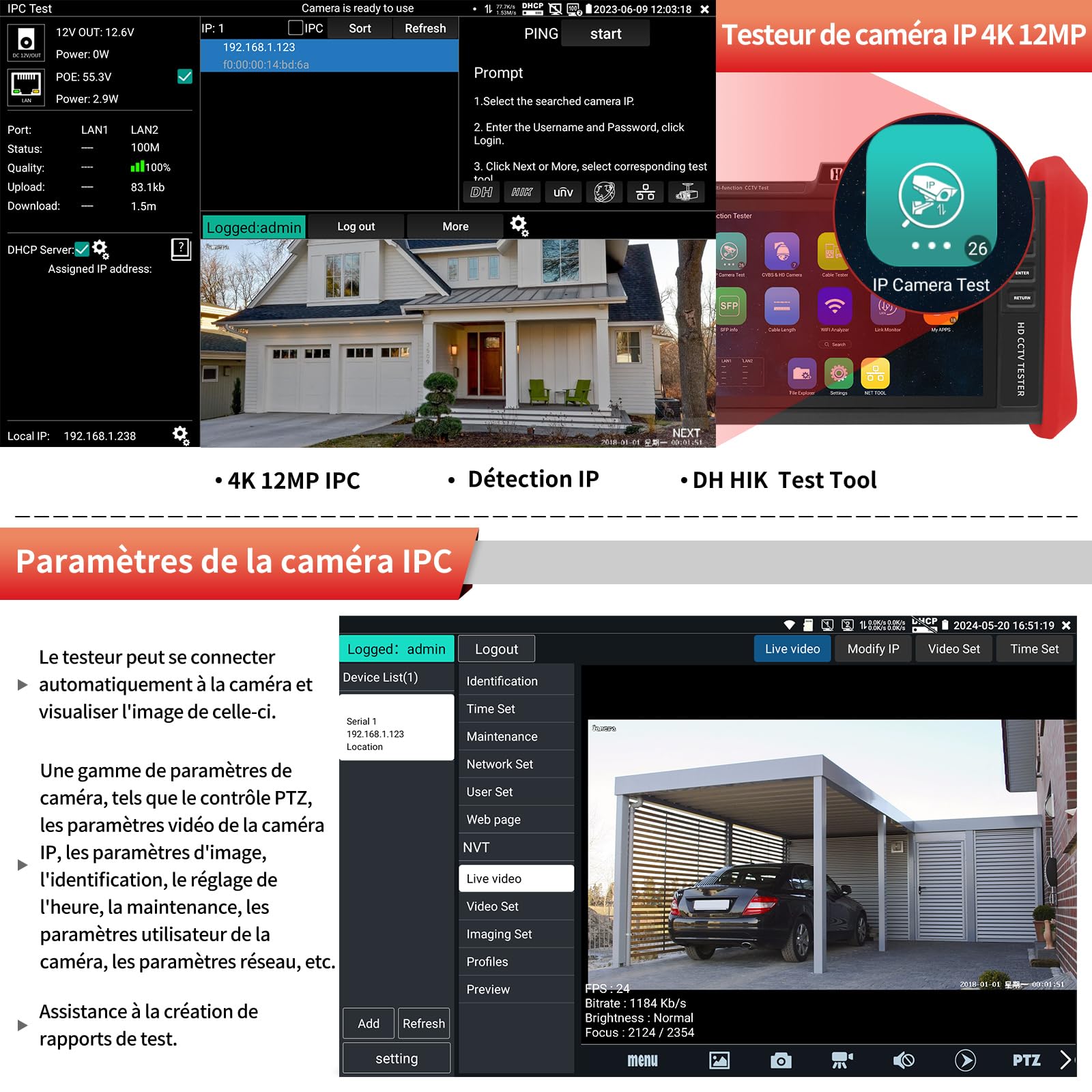 Henkion Testeur de Vidéosurveillance 4K 12MP Testeur de Caméras IP PoE++ Max 90W PoE CCTV Tester Coaxiales 8MP TVI/CVI/AHD/CVBS, 1CH SFP, WiFi, Outils Réseau, Testeur de Câbles, HD/VGA, Détection PoE