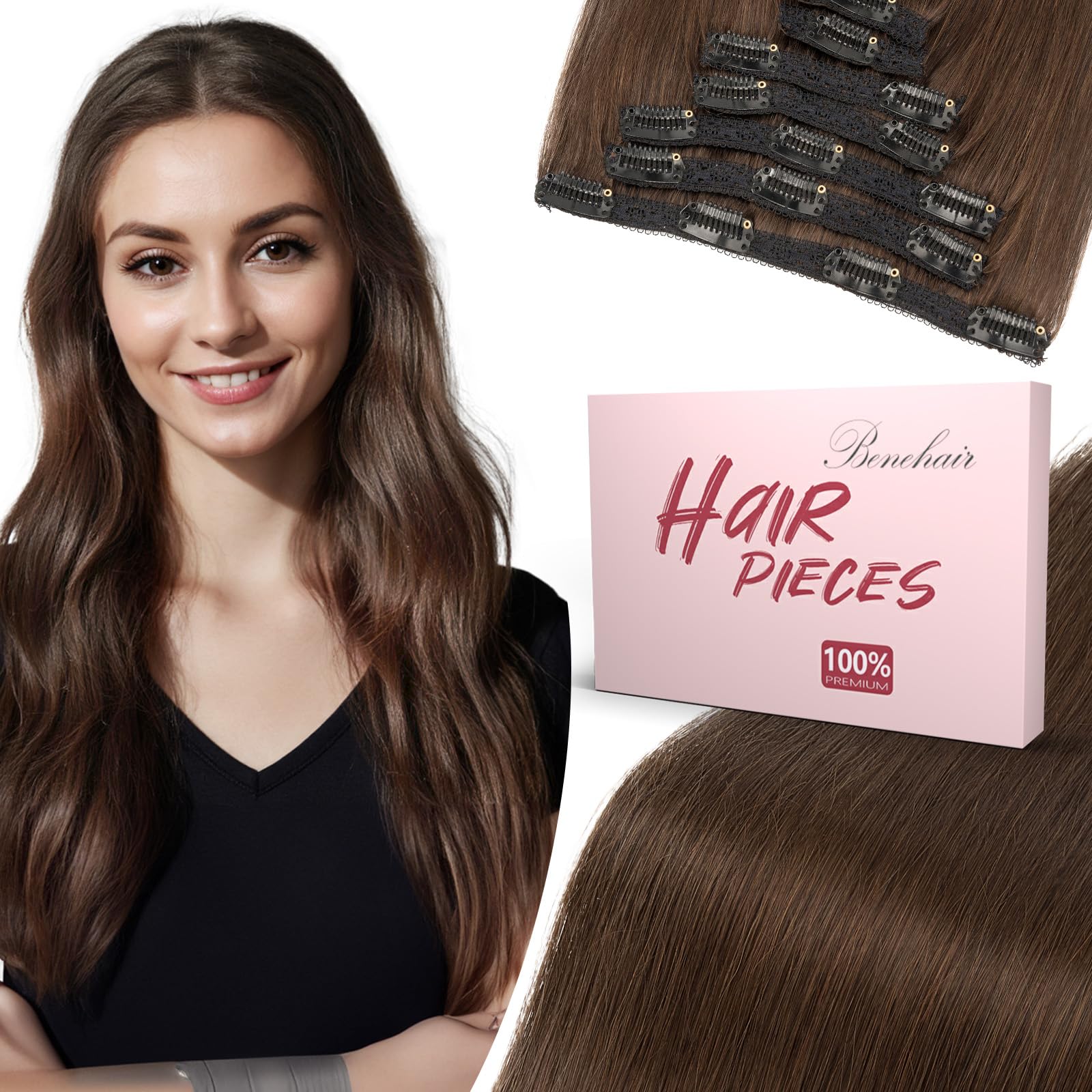 Benehair Clip in Hair Extensions Real Human Hair 22inch Double Weft Dark Brown Hair Extensions Clip in Human Hair Invisible Lace Weft Straight Hair