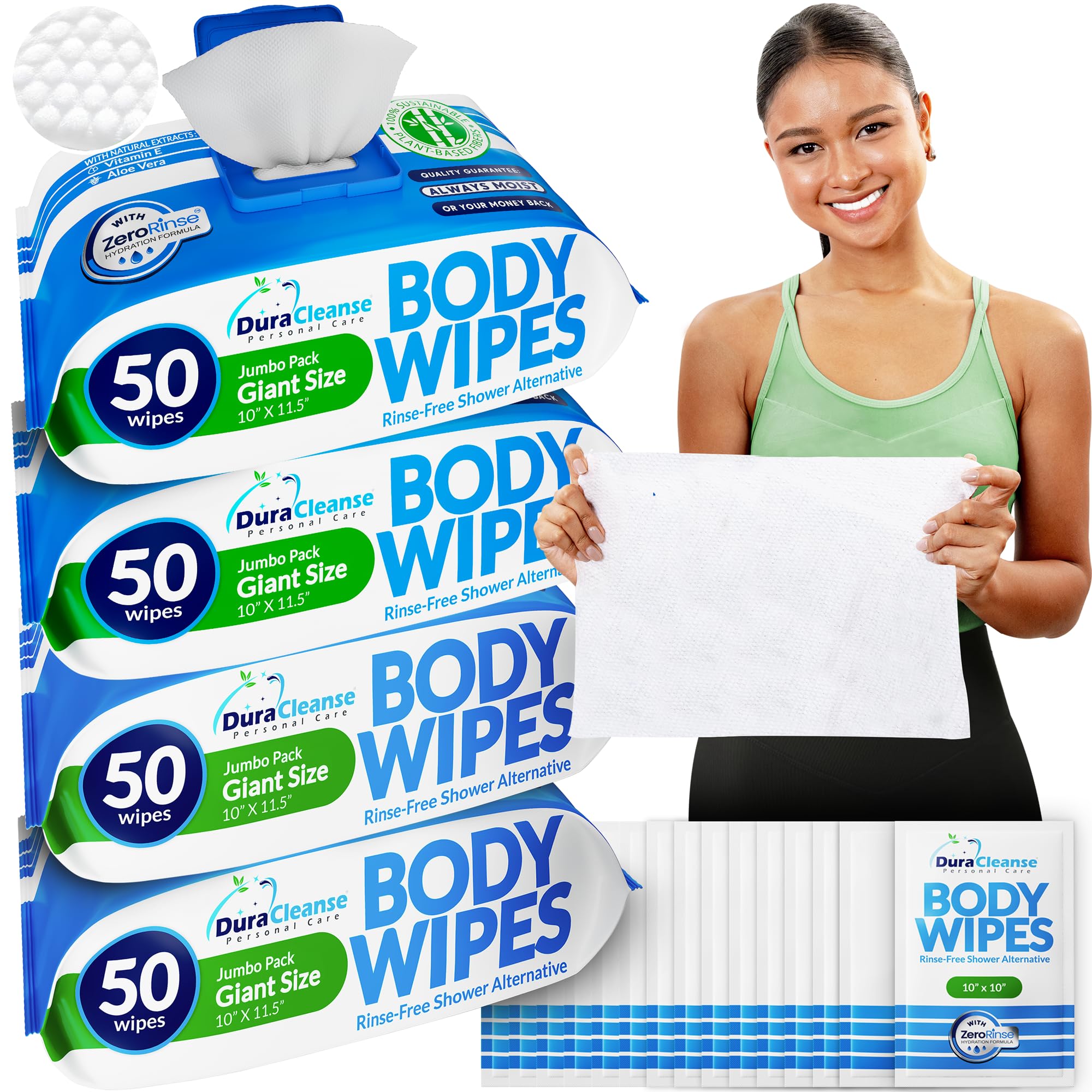 XL Body Wipes - 4 Pack 200 No Rinse Shower Wipes 16 Travel Bath Sheets - 10 x