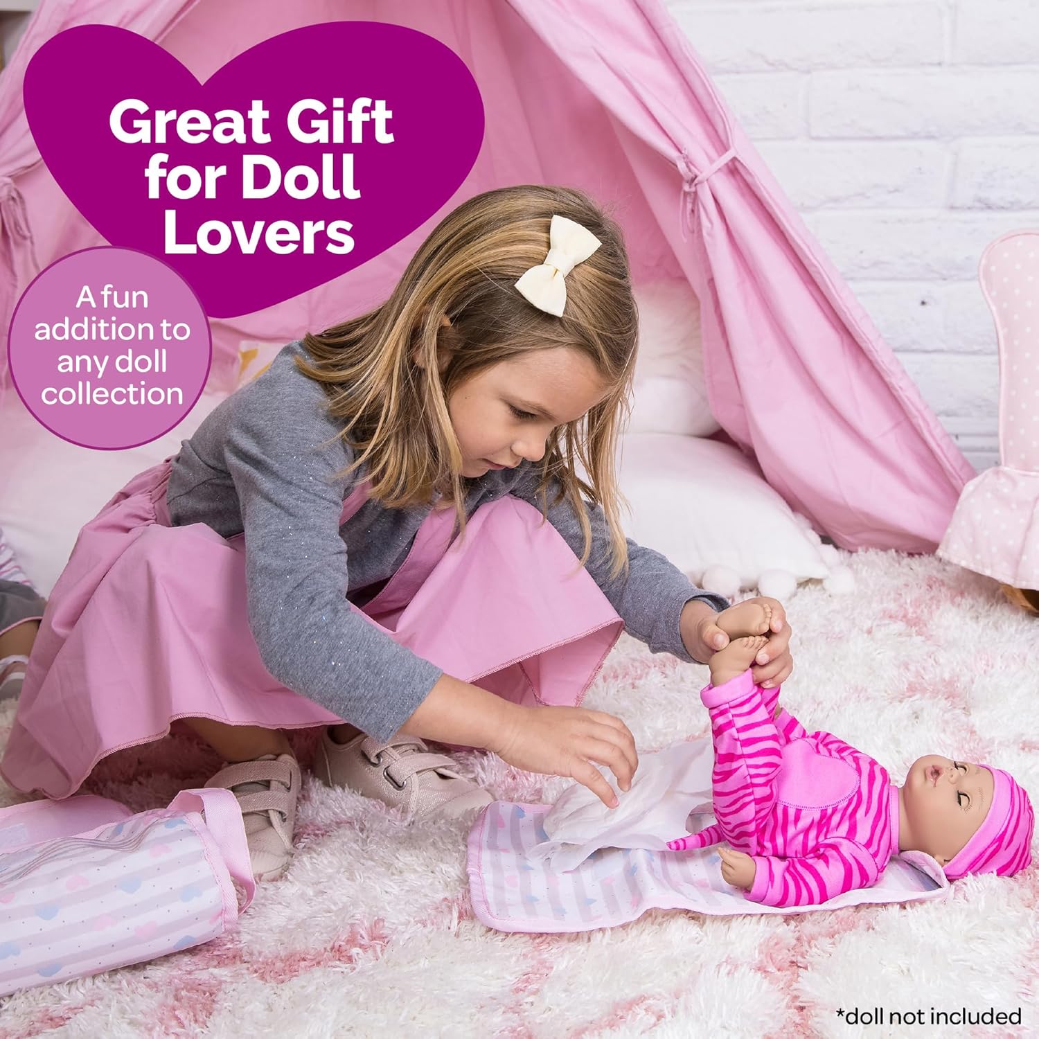 Adora Baby Doll Diaper Bag with Sturdy Straps, Includes Changing Mat and 2 Doll Diapers (Fits 13" Dolls), Birthday Gift For Ages 3+ - Classic Pastel Pink