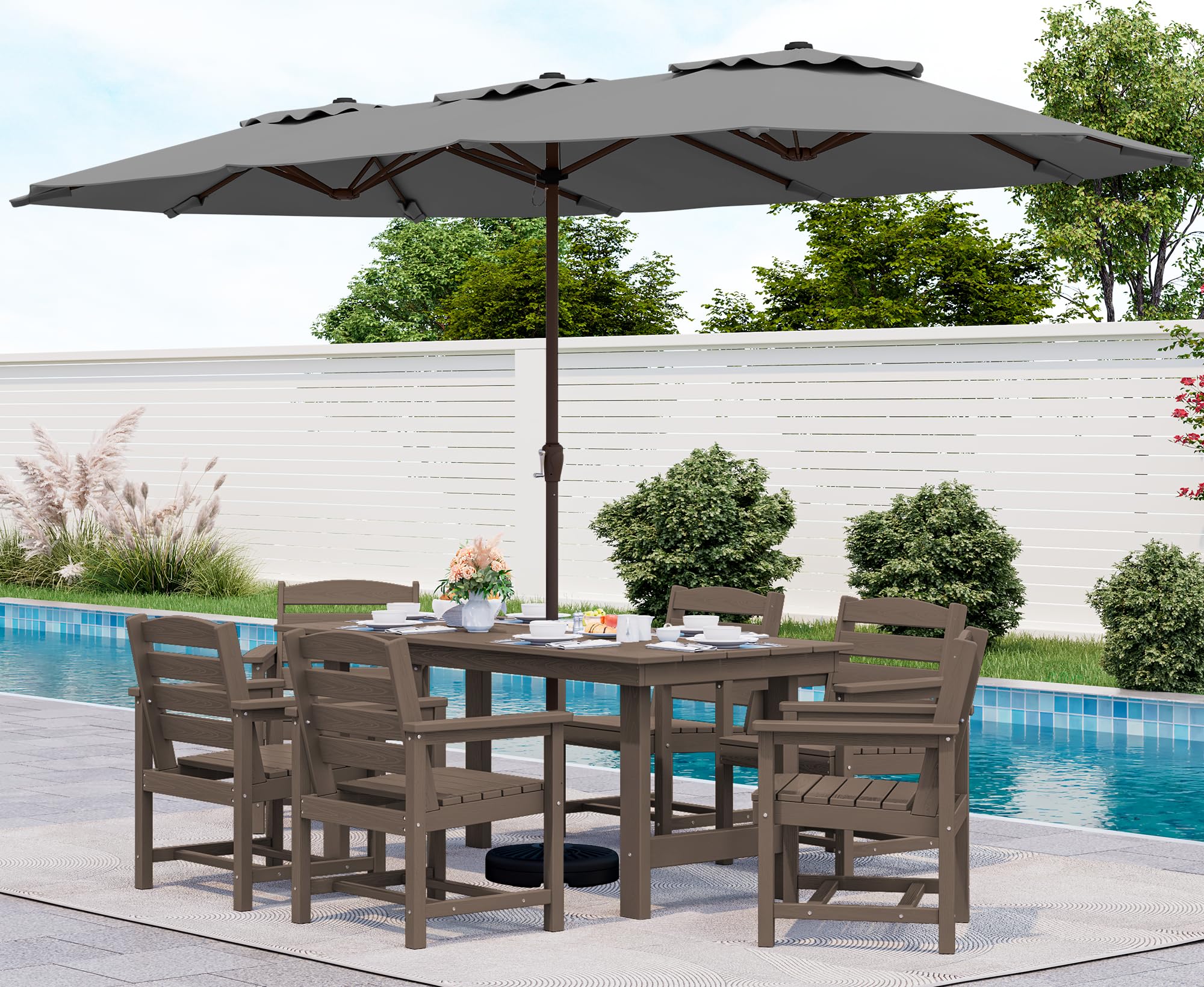SERWALL 8-Piece Patio Dining Sets with 15FT Double Side Patio Umbrella, Outdoor HDPE Dining Furniture Set with Umbrella Hole Cut-Out Table and 6 Chairs, Coffee（Umbreall Base not Included）