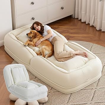 Upholstered Human Dog Bed for Adult & Pets, Foldable Human Sized Dog Bed with 2 Soft Pillows for People Home Living Room Reading Corner, Foldable Lazy Floor Lounger, 5-Position Adjustable White