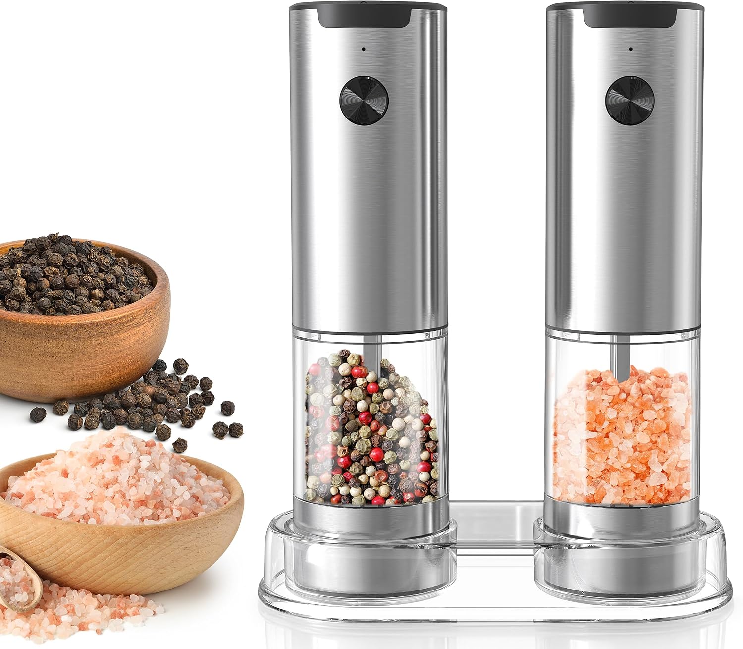 Salt And Pepper Grinder Shaker Set, Stainless Steel Automatic Baterry Operated With LED Adjustable Coarseness, Large Capacity, Refillable, 2 Pack With Silver Color Stand, 95 ML