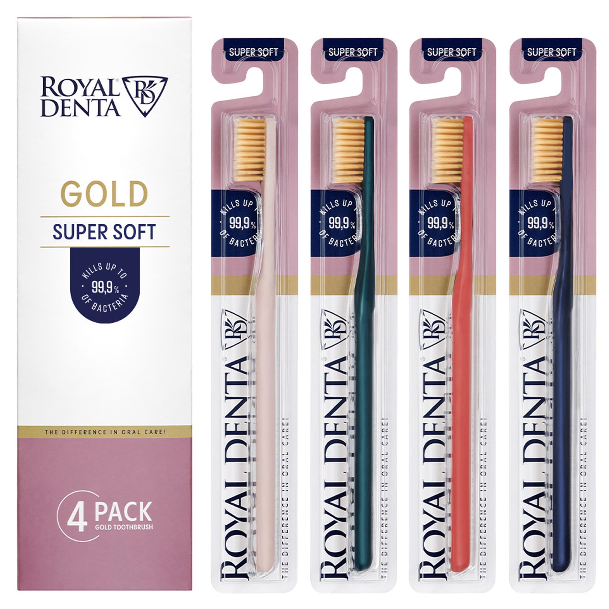 Spazzolini Extra Morbidi con Particelle d’Oro 4-Pack | Spazzolini Manuali Ultra Soft per Denti & Gengive Sensibili | Setole Super Morbide Antibatteriche 99,9% | Royal Denta | Multicolore