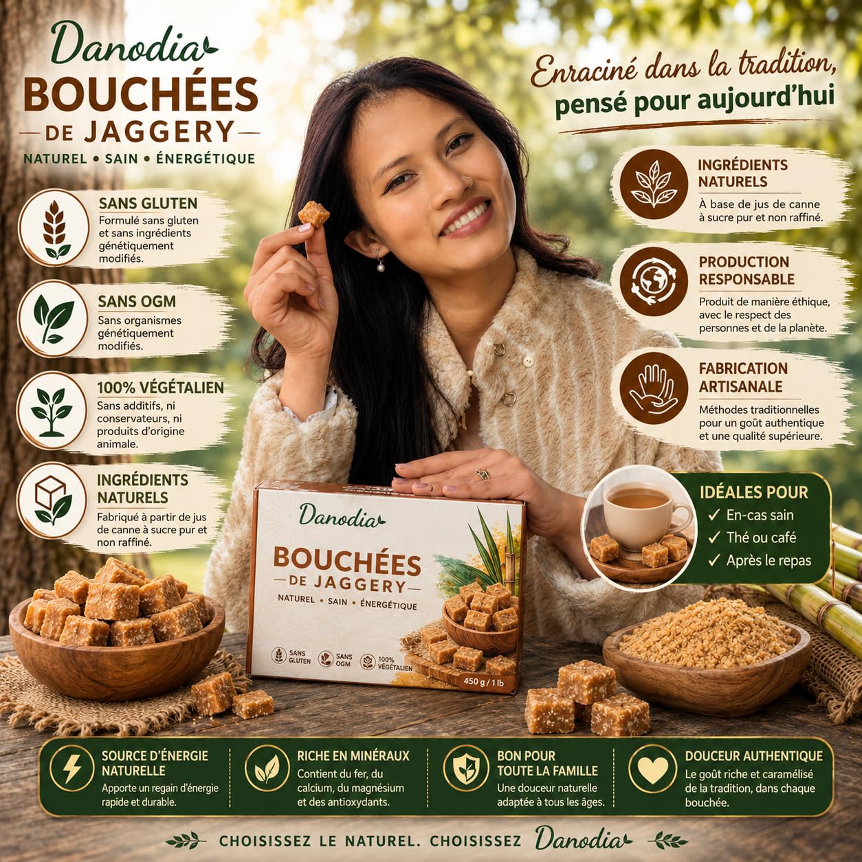 Danodia Foods Bouchées de Jaggery 450 g / 0,99 lb | Sucrant traditionnel indien non raffiné en petits carrés | Alternative au sucre blanc | Pour thé, lait, desserts et pâtisserie