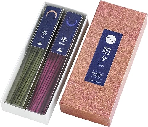 Asayu Juego de varillas de incienso japonesas con bajo contenido de humo, juego tradicional de aroma japonés (té verde y flor de cerezo), fabricado