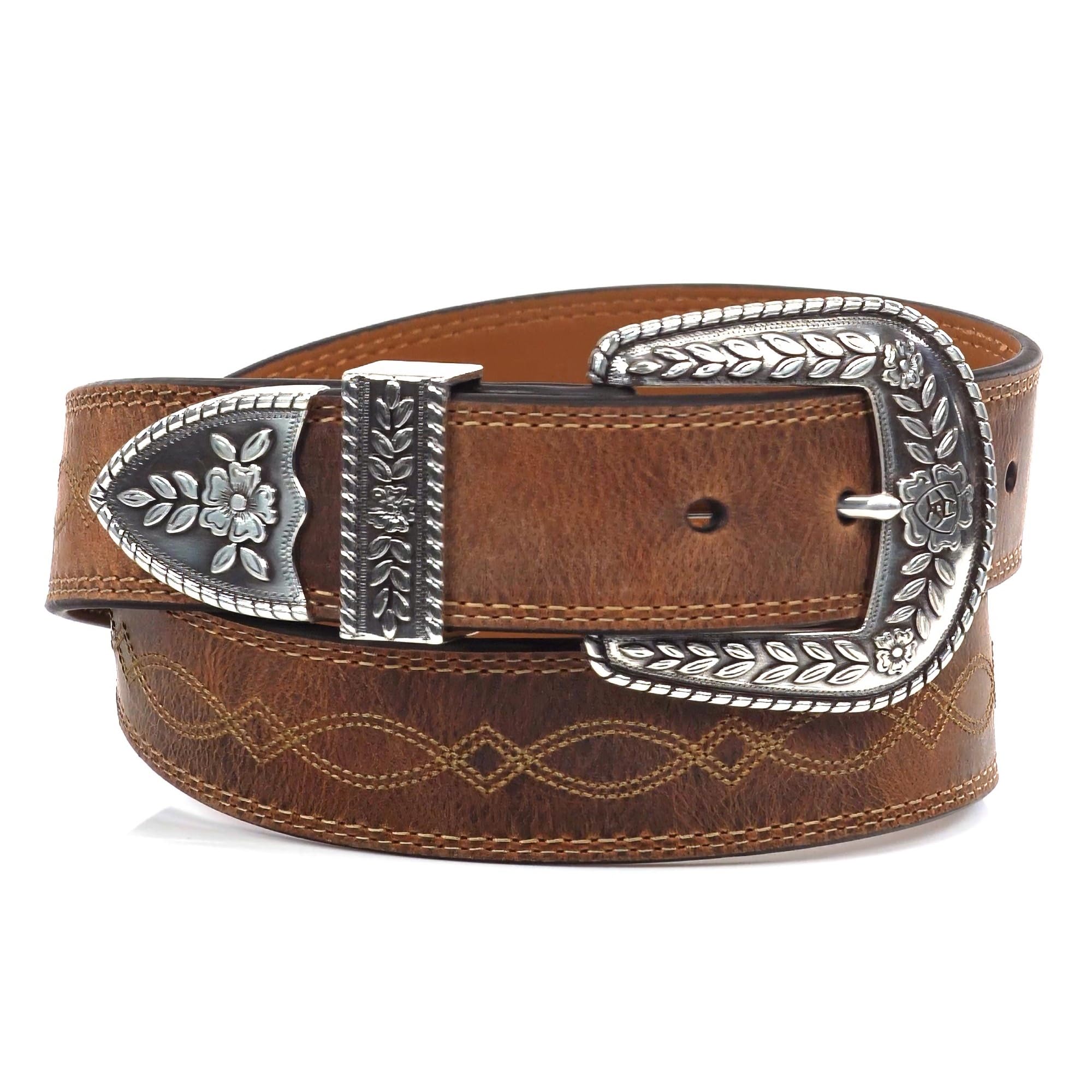 Women's Center Stitch Leather Tapered Belt with Removable Antiqued Silver Buckle