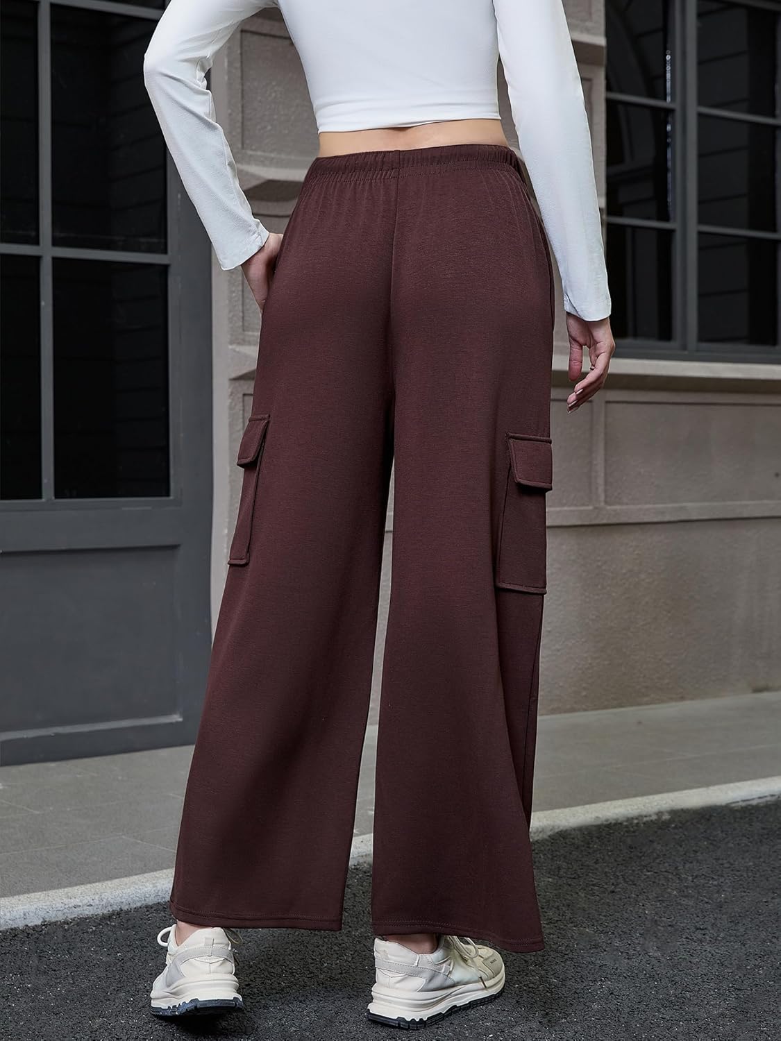 Women's Casual Relaxed Cargo Pants Warm Double Knit Drawstring Elastic Waist Trousers - Image 3