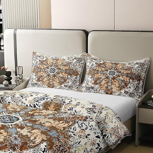 Miniatura 4 de Erosebridal Juego de ropa de cama floral étnica, tamaño individual, bohemio, vintage, 100% algodón, funda de edredón naranja azul retro, bohemio,