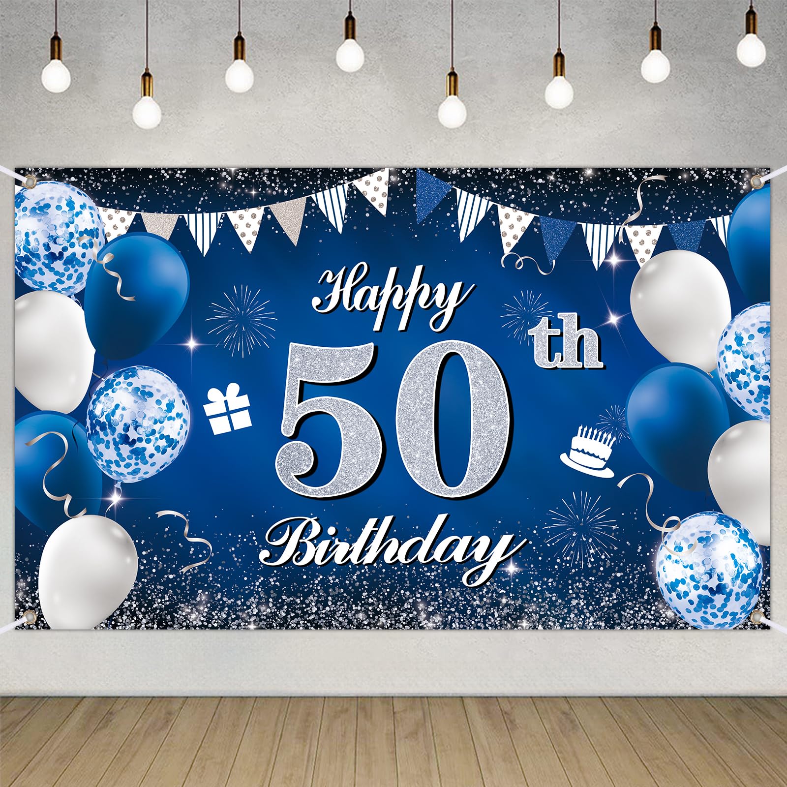 Happy 50th Birthday Decorations Blue Birthday Banner for Party Backdrop for Men Women Party Decoration Supplies