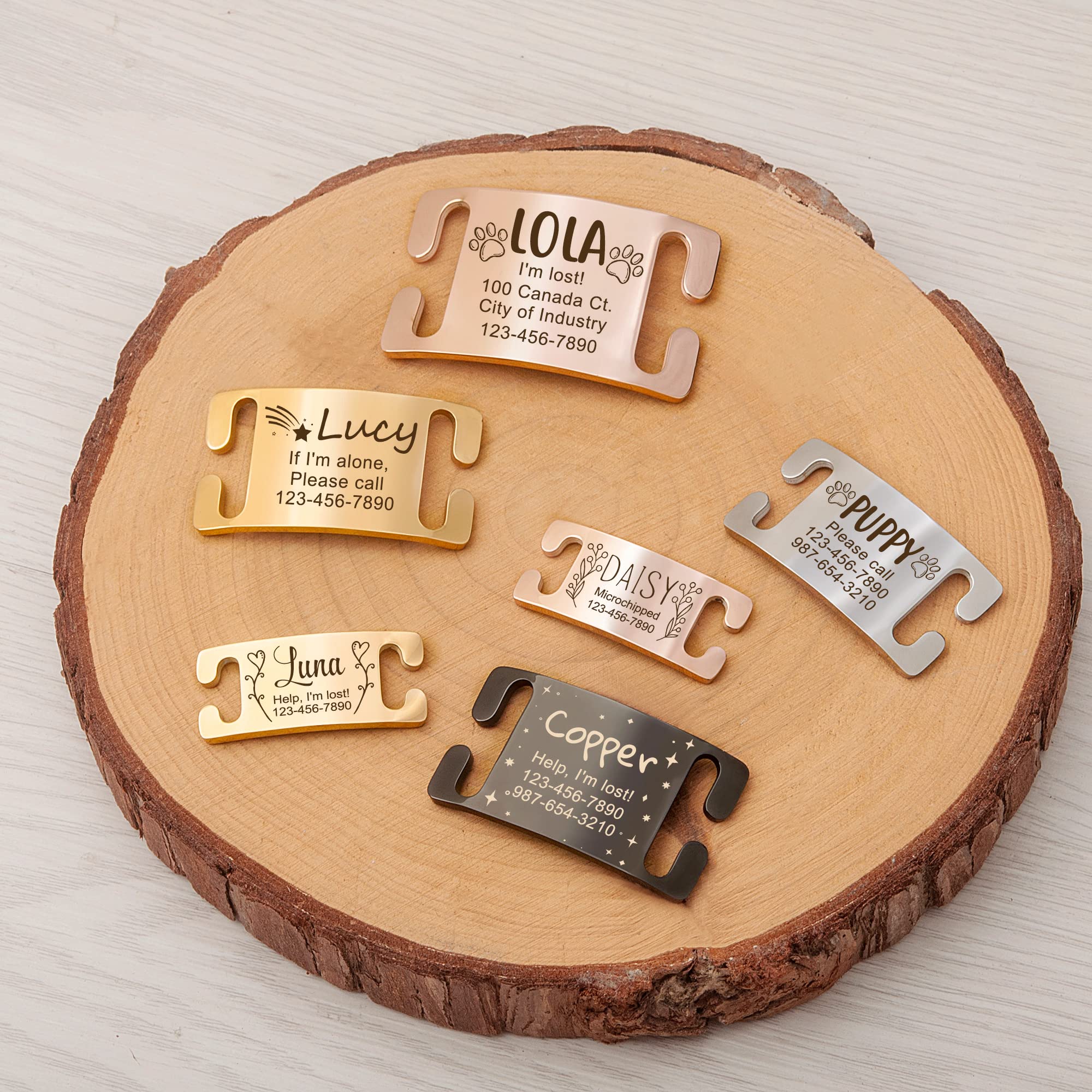 Anavia Slide On Silent Pet ID Tags, Fun Wild Flower Frame Design Personalized Engraved Plated Stainless Steel Cat Dog Name Tags, Glossy Customized Chew-Proof Quiet Dog Collar Tags (X-Large, Black)