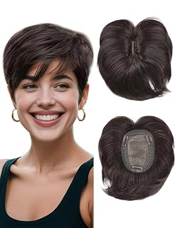 QUEENTAS Brown Short Hair Toppers for Women with Thinning Hair 360°3D Cover with 3 Clips Hair Pieces Wispy Bangs 4.6"*3.6" Coverage(Dark Brown/#2) - Amazon product rated Grade A