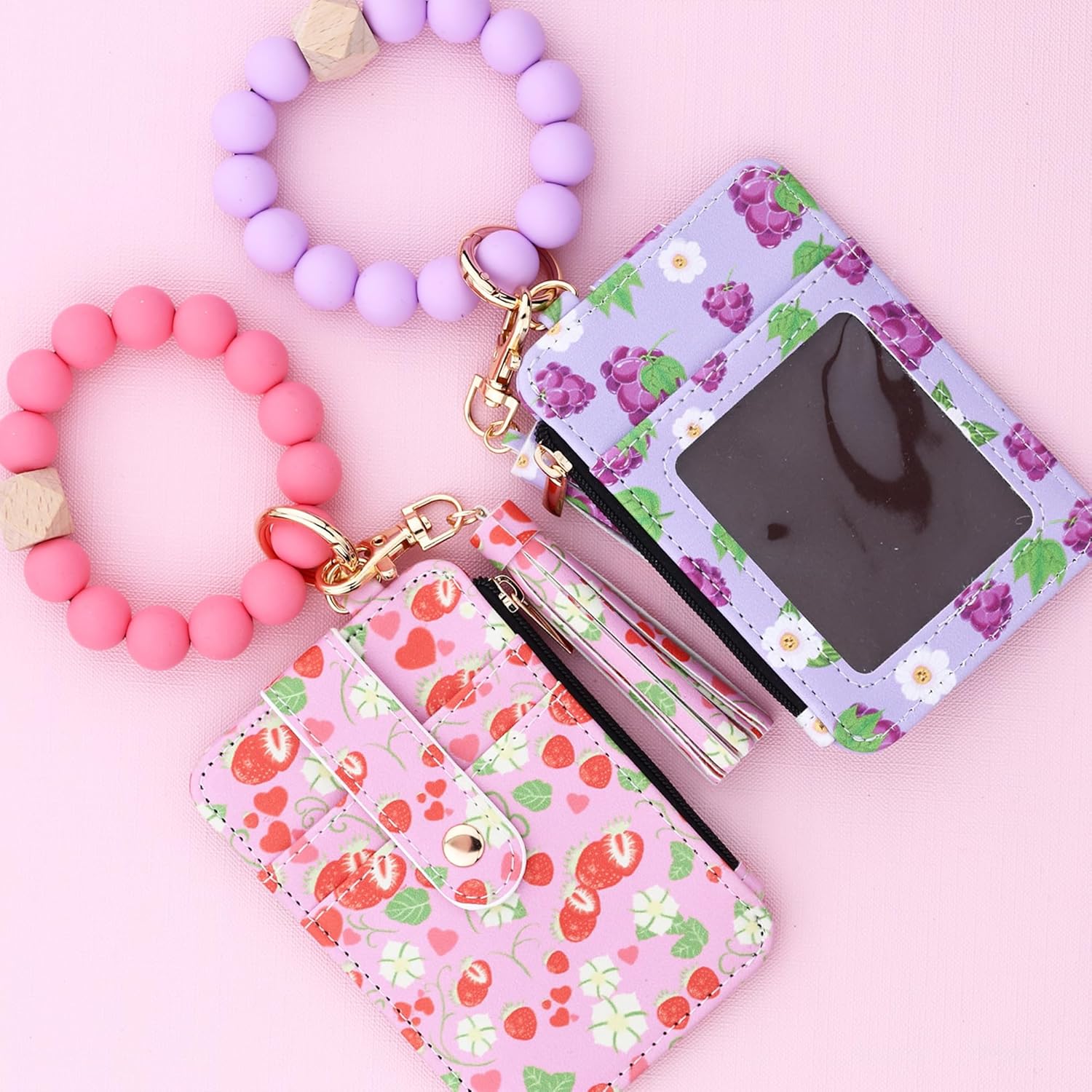 Flower Keychain Wristlet Wallets for Women Cute Silicone Beaded Credit Card Holder Key Ring Bracelet Wallet (Strawberry) - Image 4