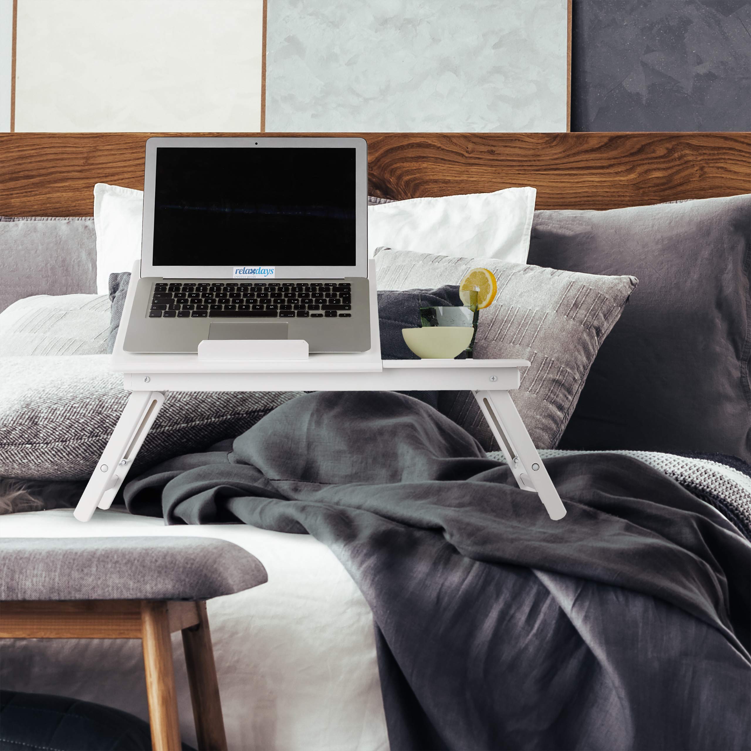 Relaxdays Tavolino Porta PC, Porta Laptop Regolabile, da Letto o Divano, con Cassetto, HLP 24x60x35 cm, Bianco