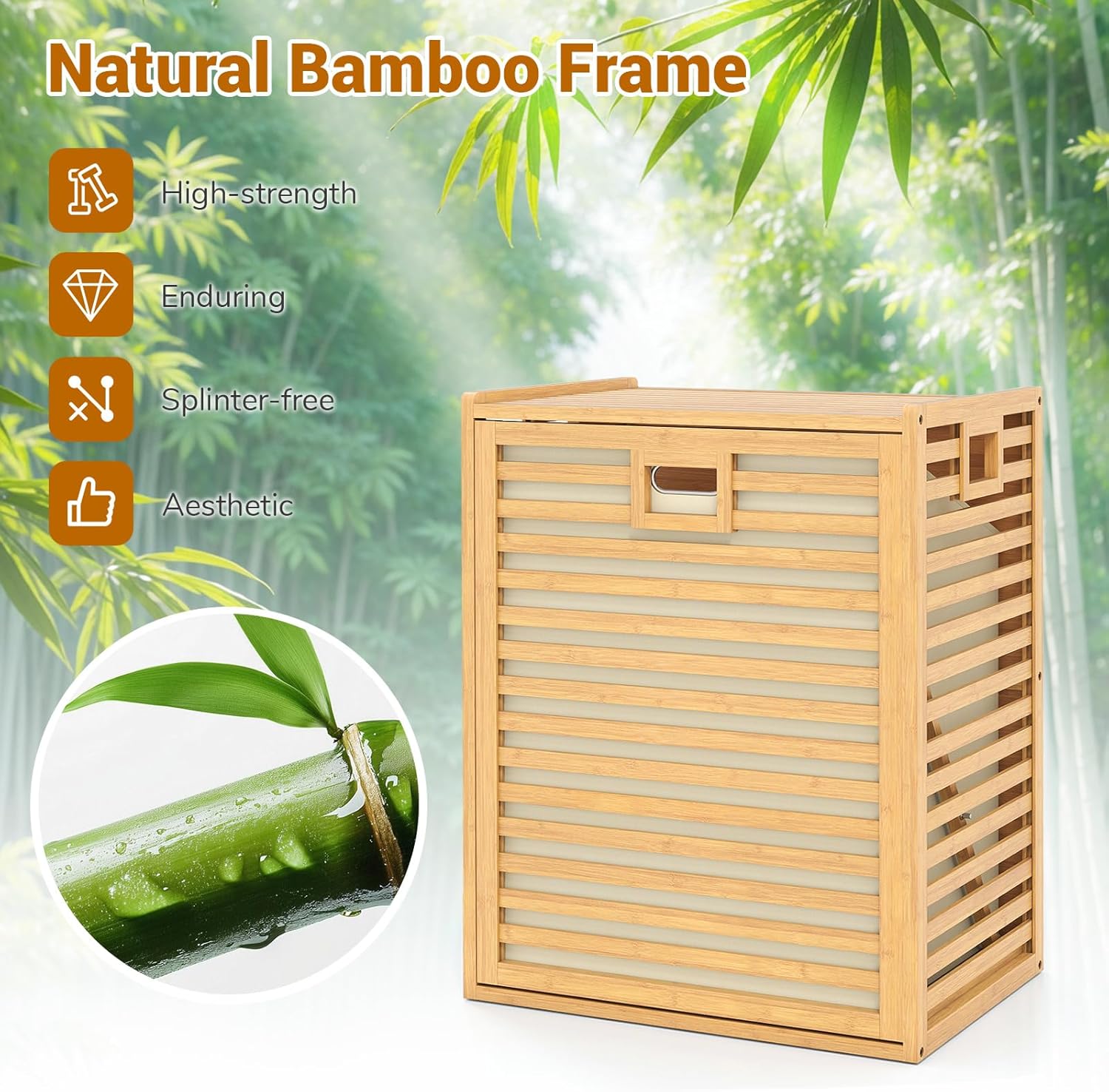 GOFLAME Tilt Out Laundry Hamper, Bamboo Laundry Basket Organizer with Removable & Foldable Fabric Liner, Side Handles, Laundry Storage Cabinet for Laundry Room, Bathroom, Bedroom