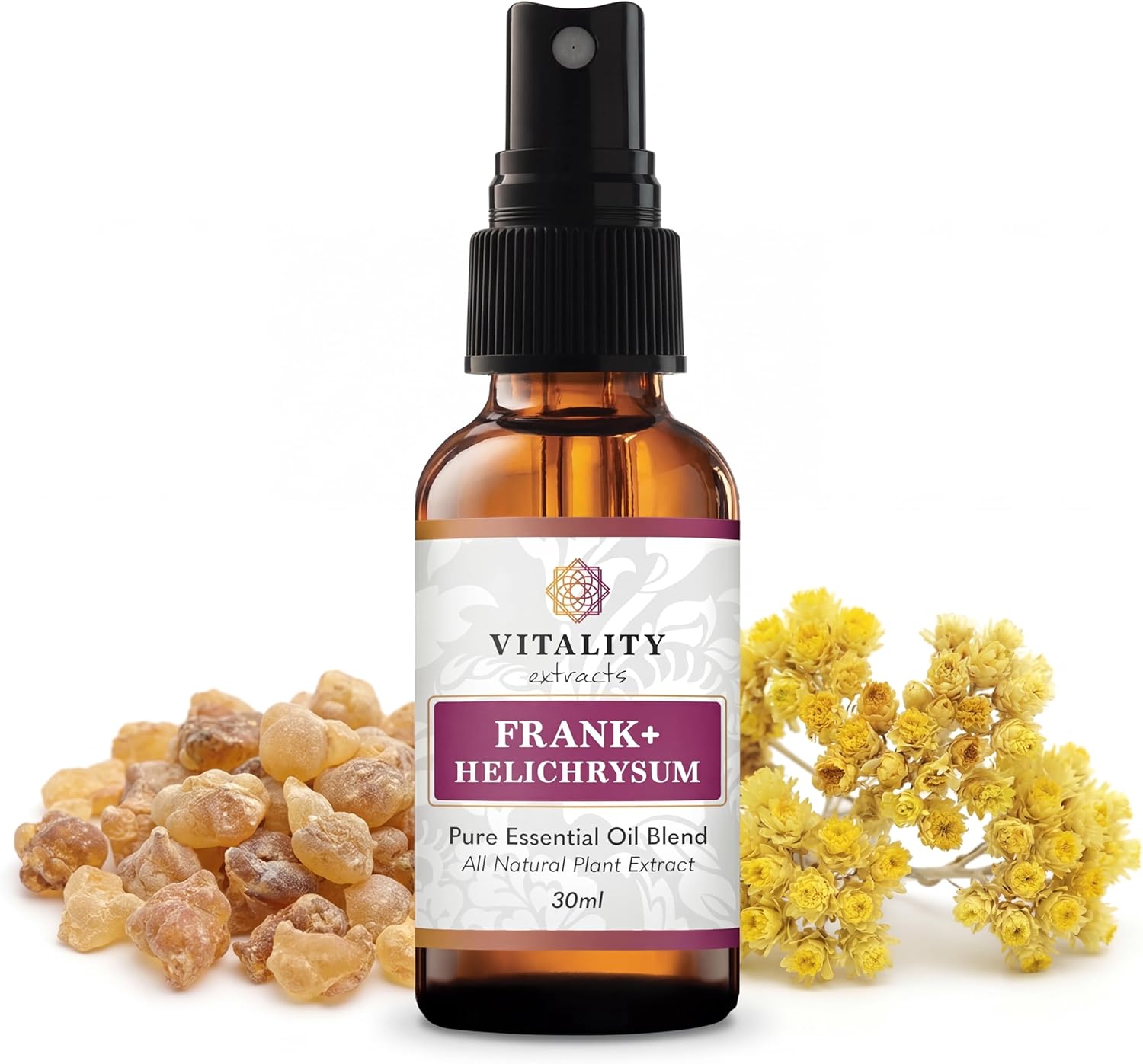 Vitality Extracts Frank+ Helichrysum Essential Oil Blend - 30ml Spray Bottle, Frankincense Boswellia Seratta, Aromatherapy, Soft Skin, Relief from Daily Aches & Soreness, Natural