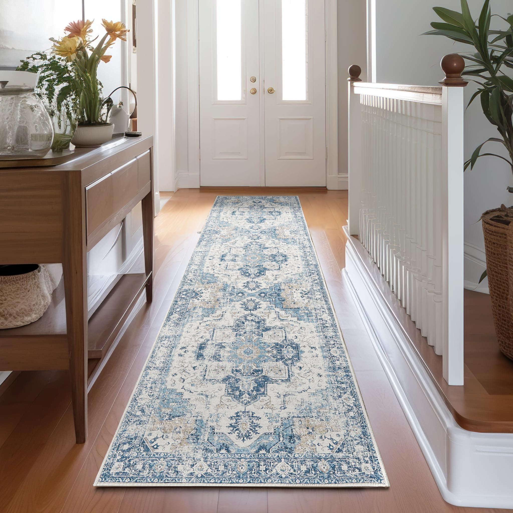 jinchan Runner Rug 2x10 Hallway Rug Kitchen Washable Runner Vintage Mat Retro Print Lightweight Non-Slip Floor Cover Distressed Thin Carpet for