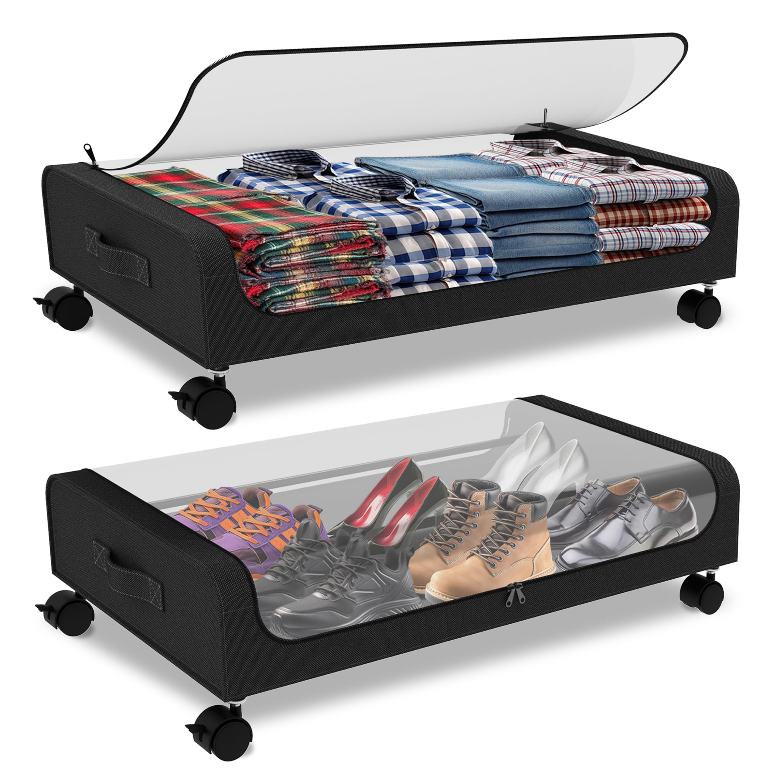 2 contenitori portaoggetti da mettere sotto il letto con coperchi, grandi, con ruote, scarpe, vestiti, coperte, lenzuola, cuscini, per dormitorio (nero-B)