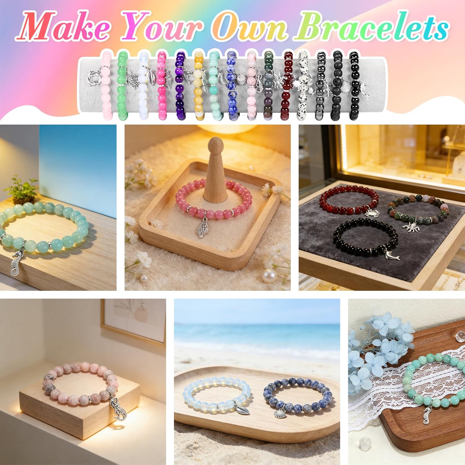 Ouubuuy 435pcs 8mm Natural Stone Beads Kit 15 Color Round Crystals Gemstone Beads Kit with Spacer Bead Charms for Bracelets Earring Jewelry Making